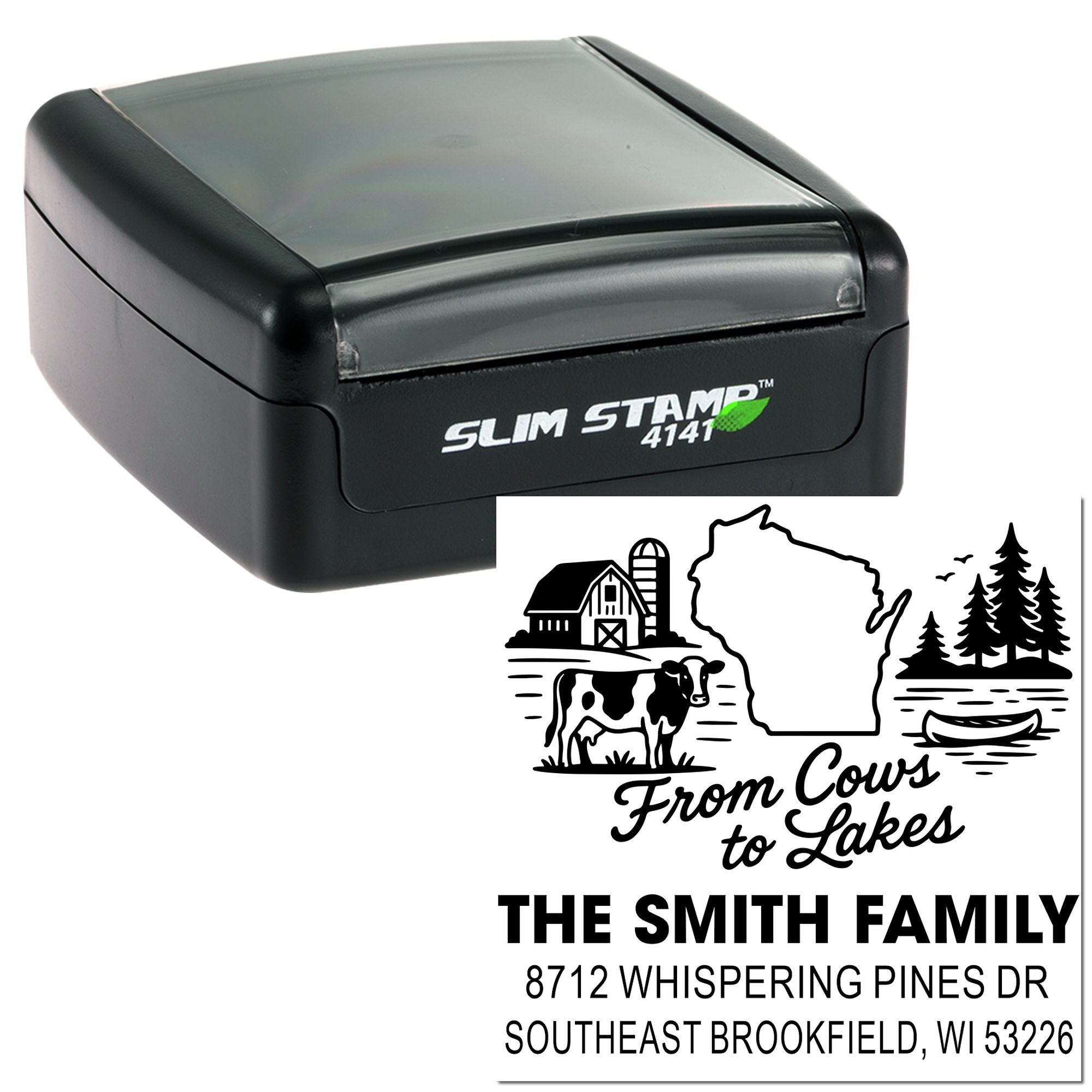 Custom slim self-inking address stamp with farm, cow and Wisconsin design, shown beside a black Slim Stamp 4141 stamp case on white background.