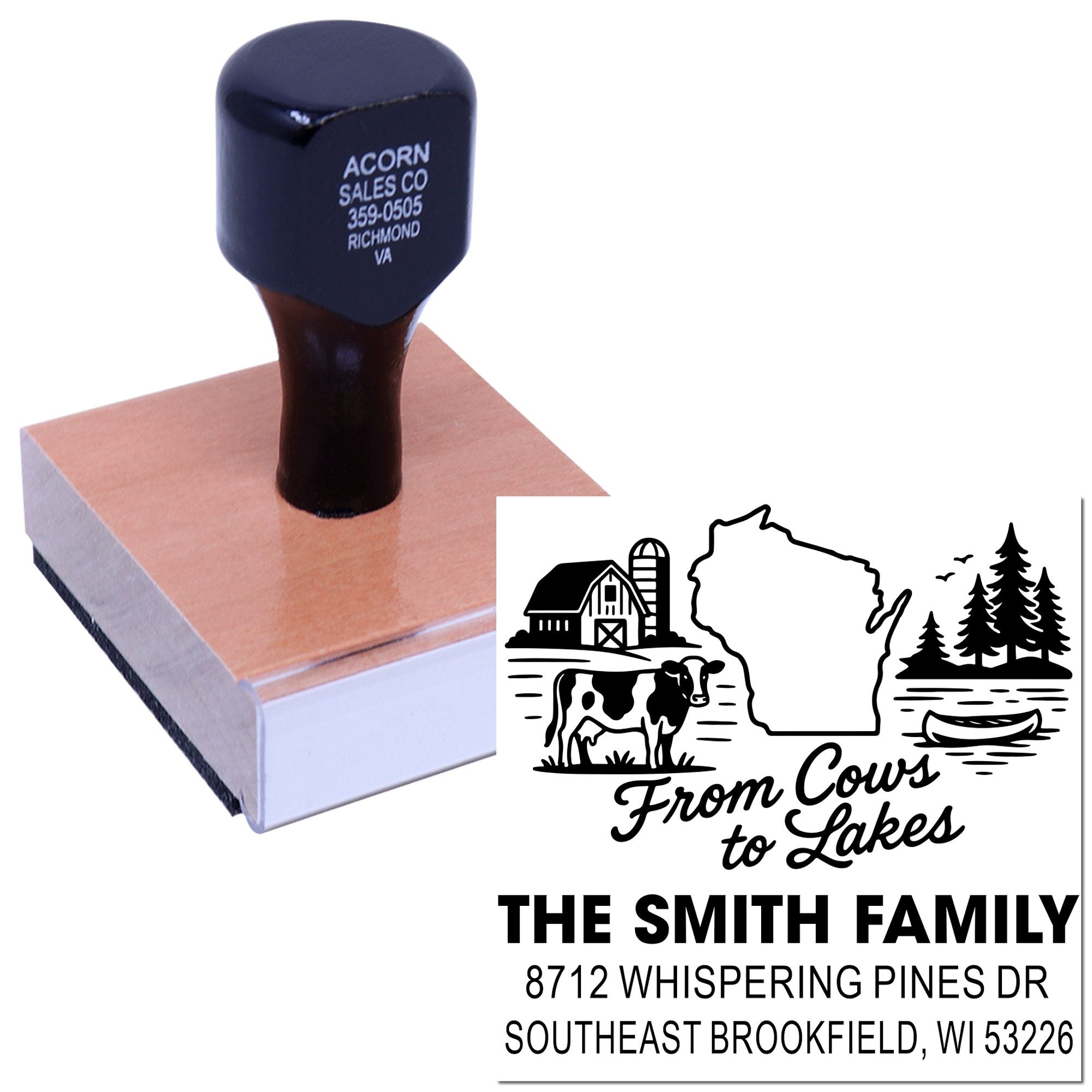 Custom self-inking address stamp with farmhouse Wisconsin design, From Cows to Lakes text, and Smith family address on a white background.