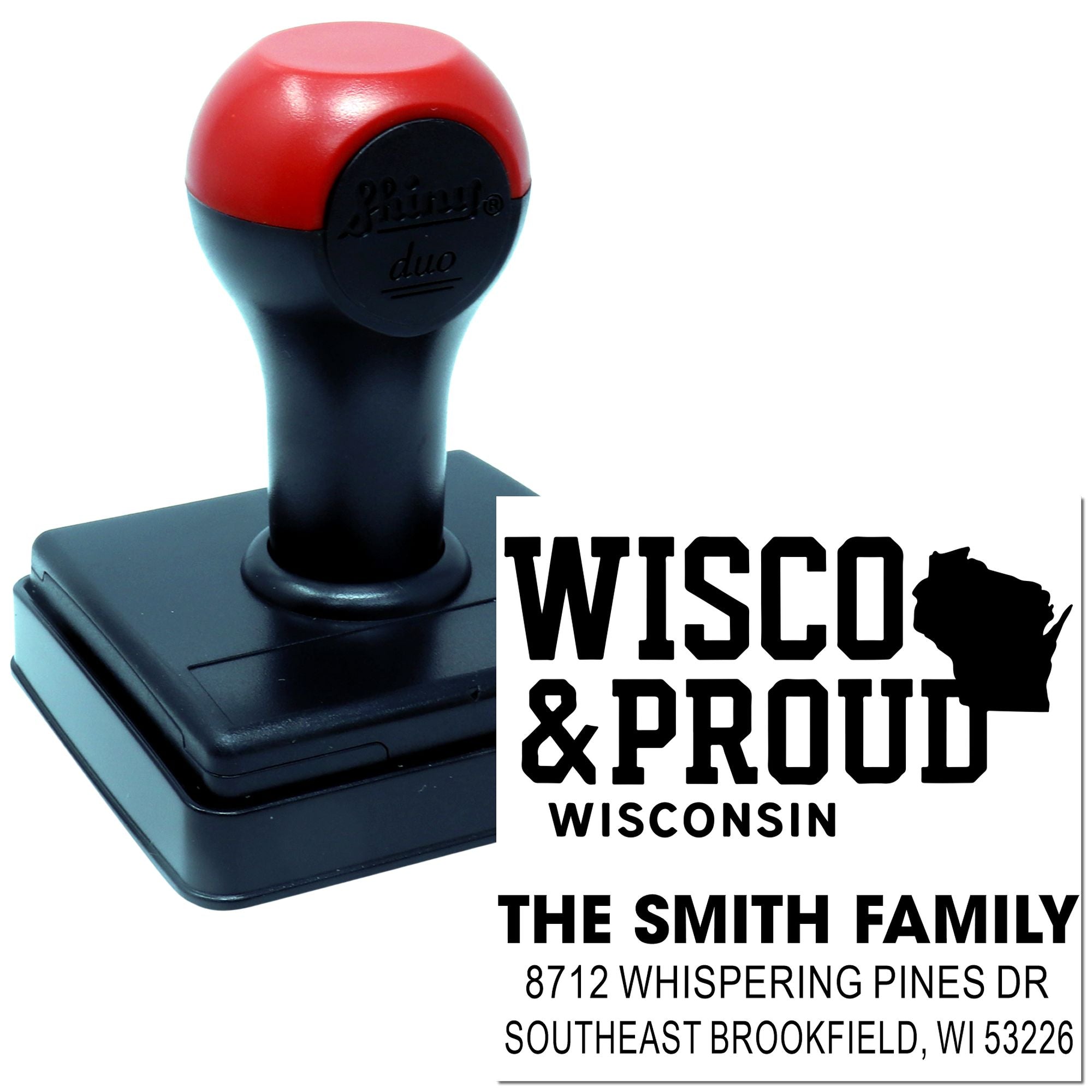 Custom self-inking rubber address stamp with Wisconsin & Proud design, Smith family name, and Brookfield, WI address on a white background.