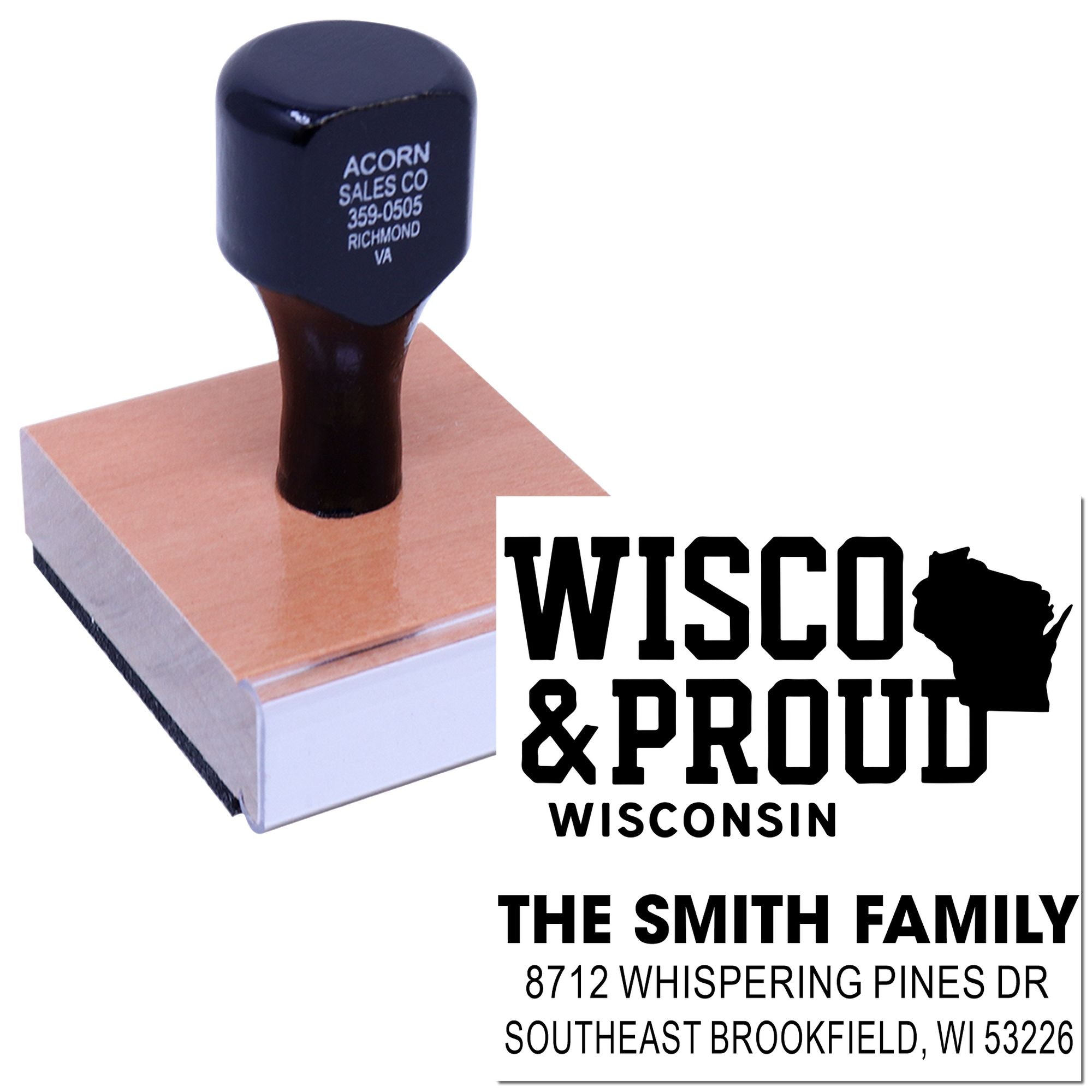 Custom self-inking address stamp with Wisco & Proud Wisconsin design, shown on a stamp pad against a white background.