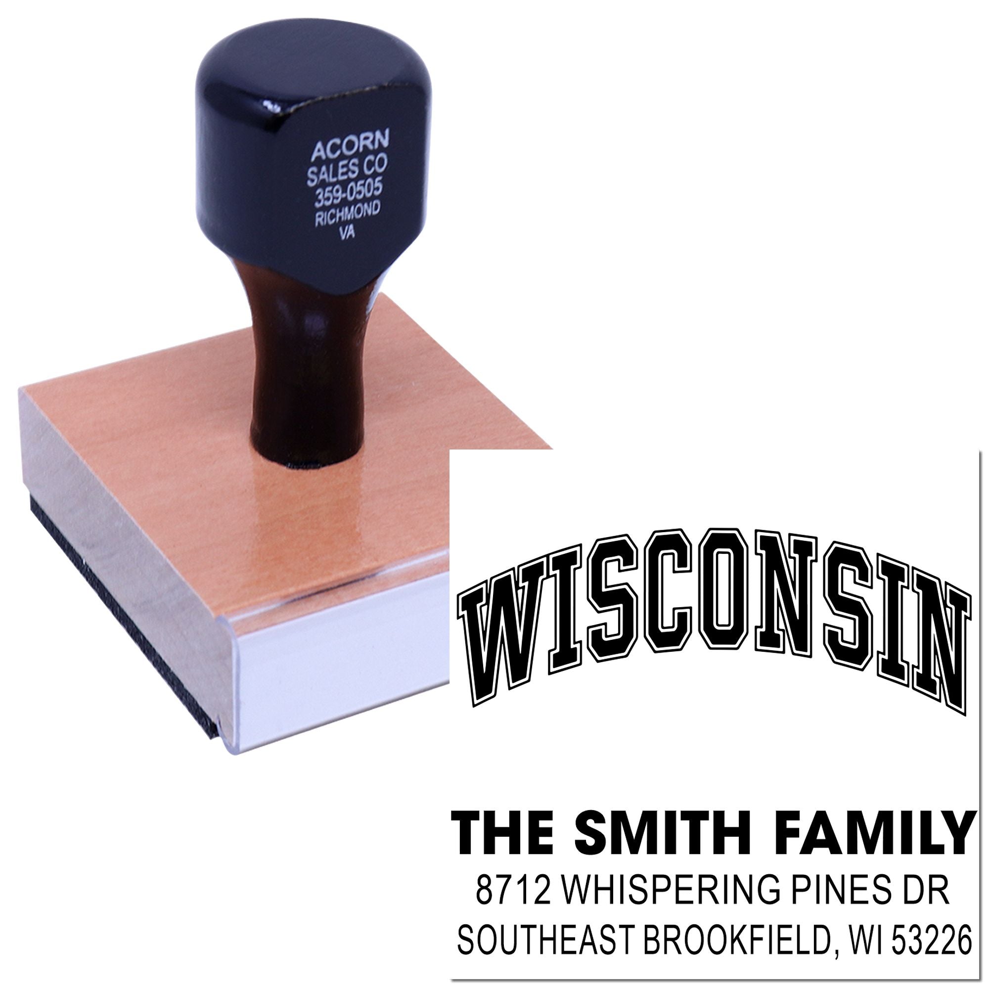 Self-inking custom address stamp for The Smith Family, showing Wisconsin arched text and return address on a white background.