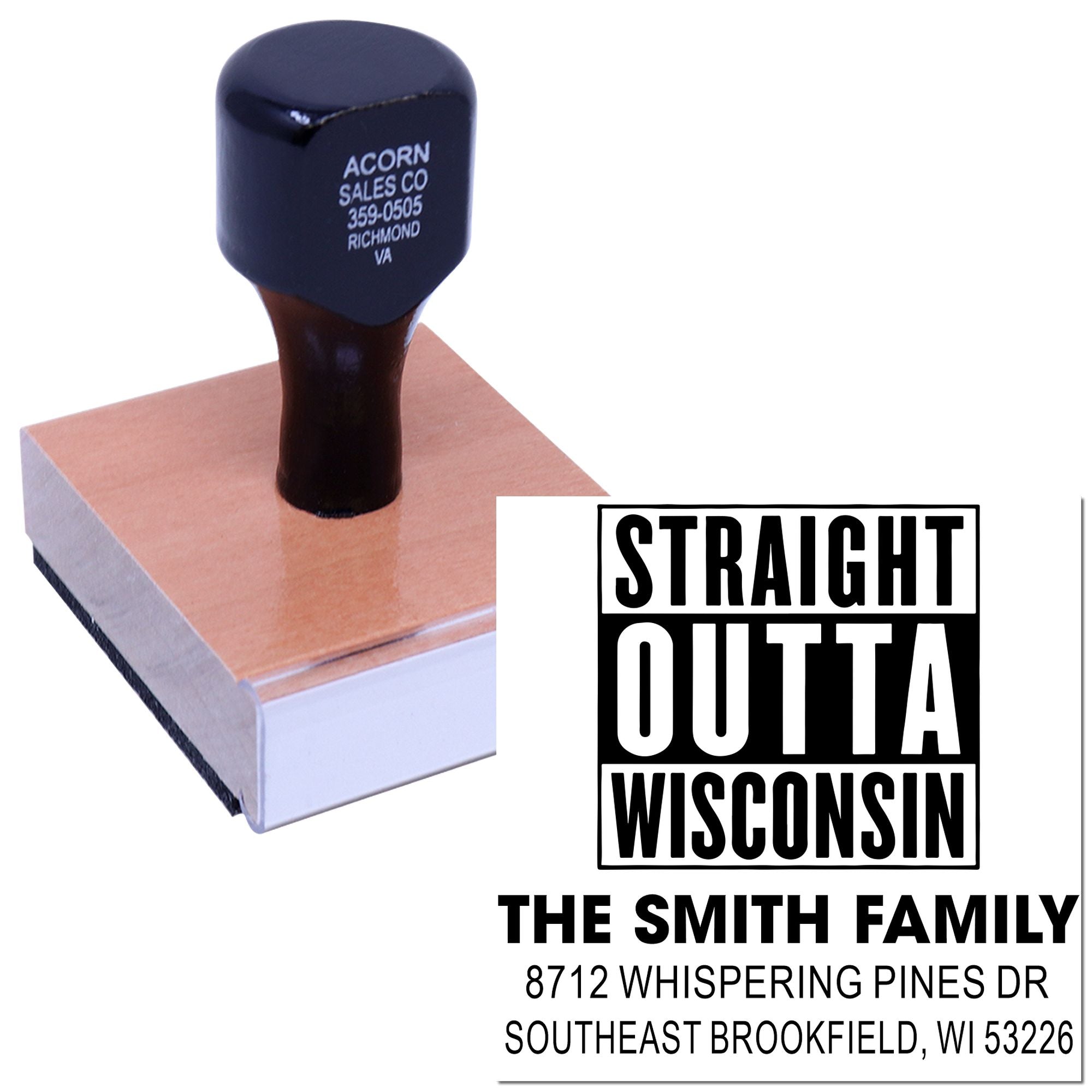 Custom address stamp with bold Straight Outta Wisconsin design and The Smith Family address, shown on a wooden stamp block with inked imprint.