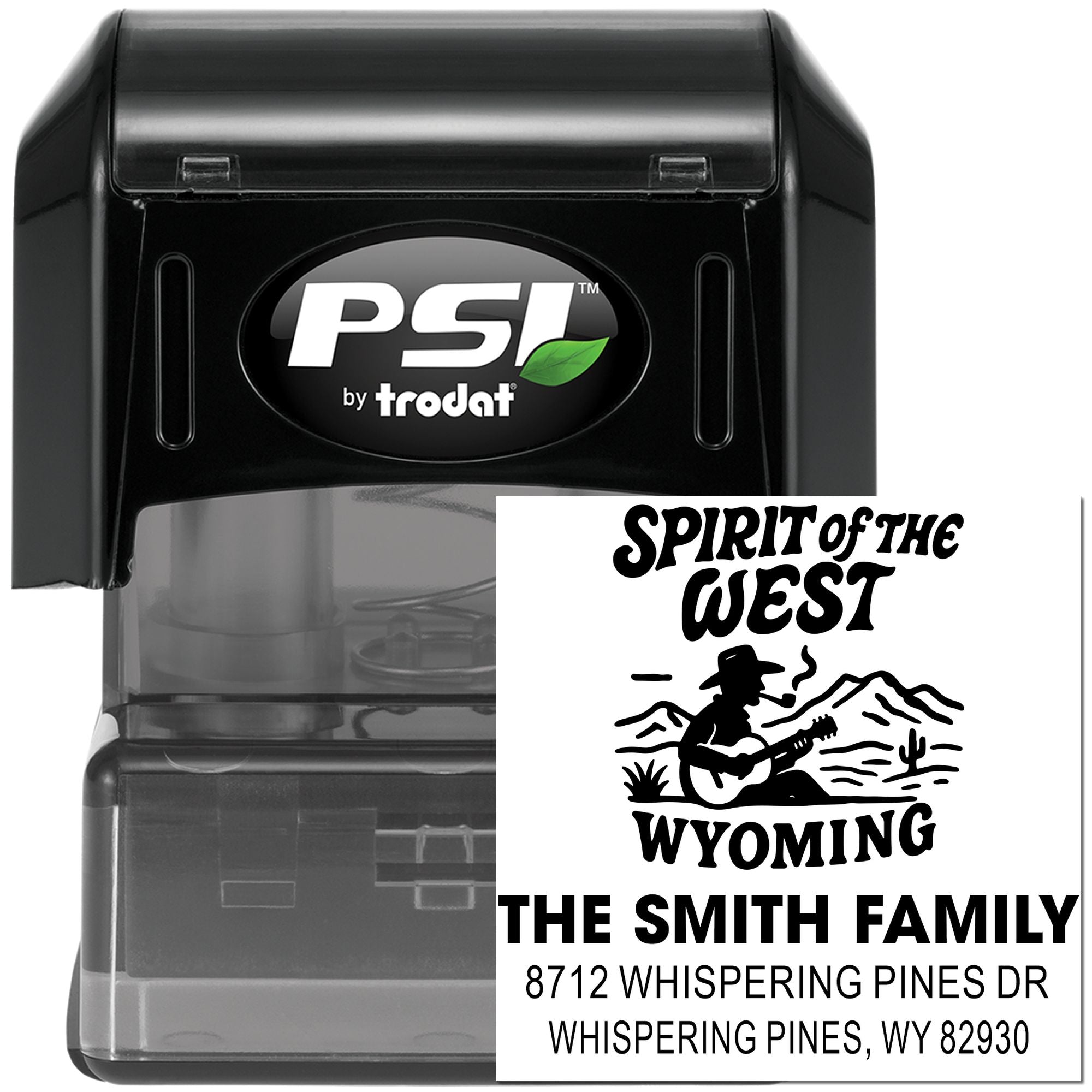 PSI by Trodat self-inking custom address stamp with Spirit of the West Wyoming cowboy design and Smith family address on a white background.