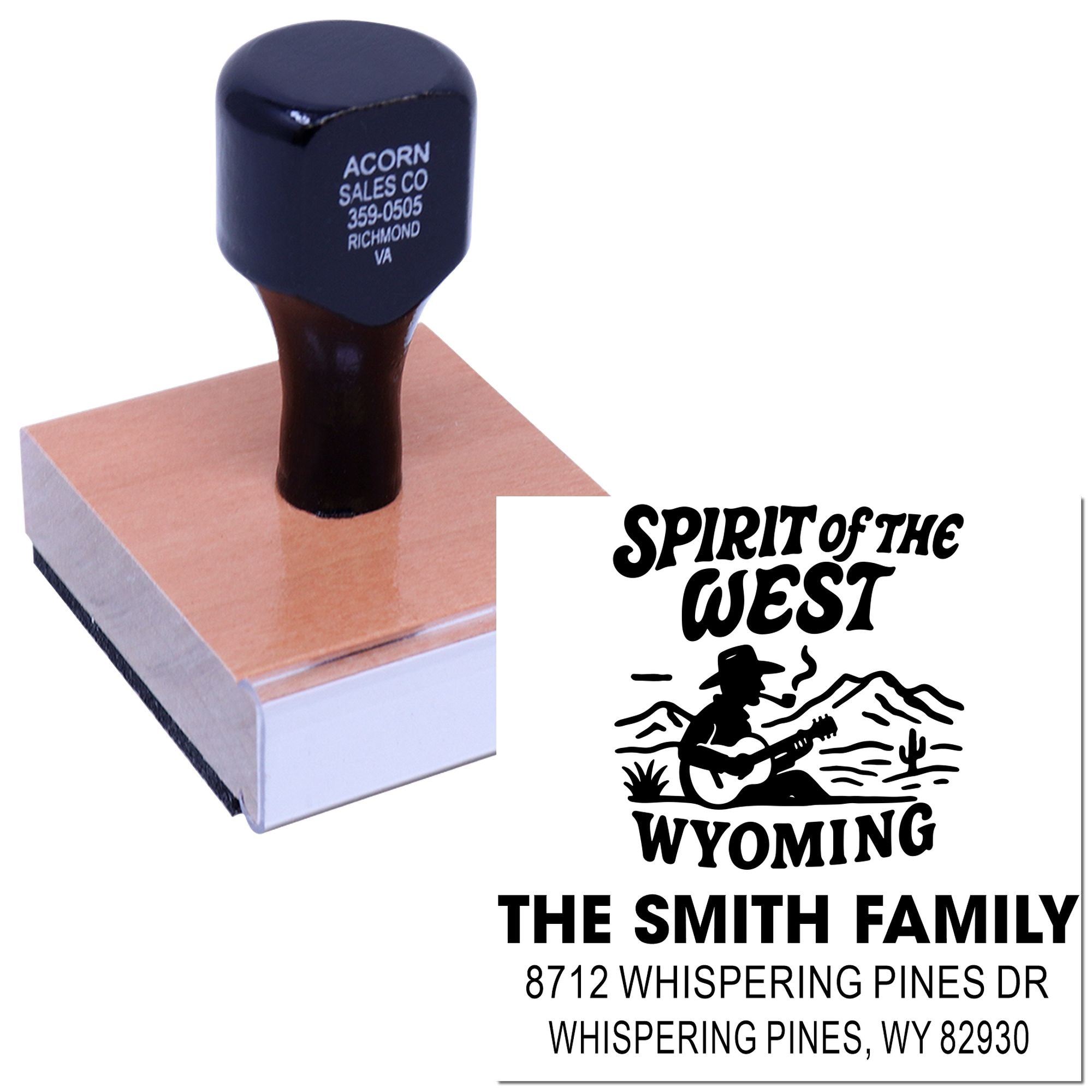 Custom self-inking address stamp with cowboy Spirit of the West Wyoming design on a wooden block and stamped return address text.
