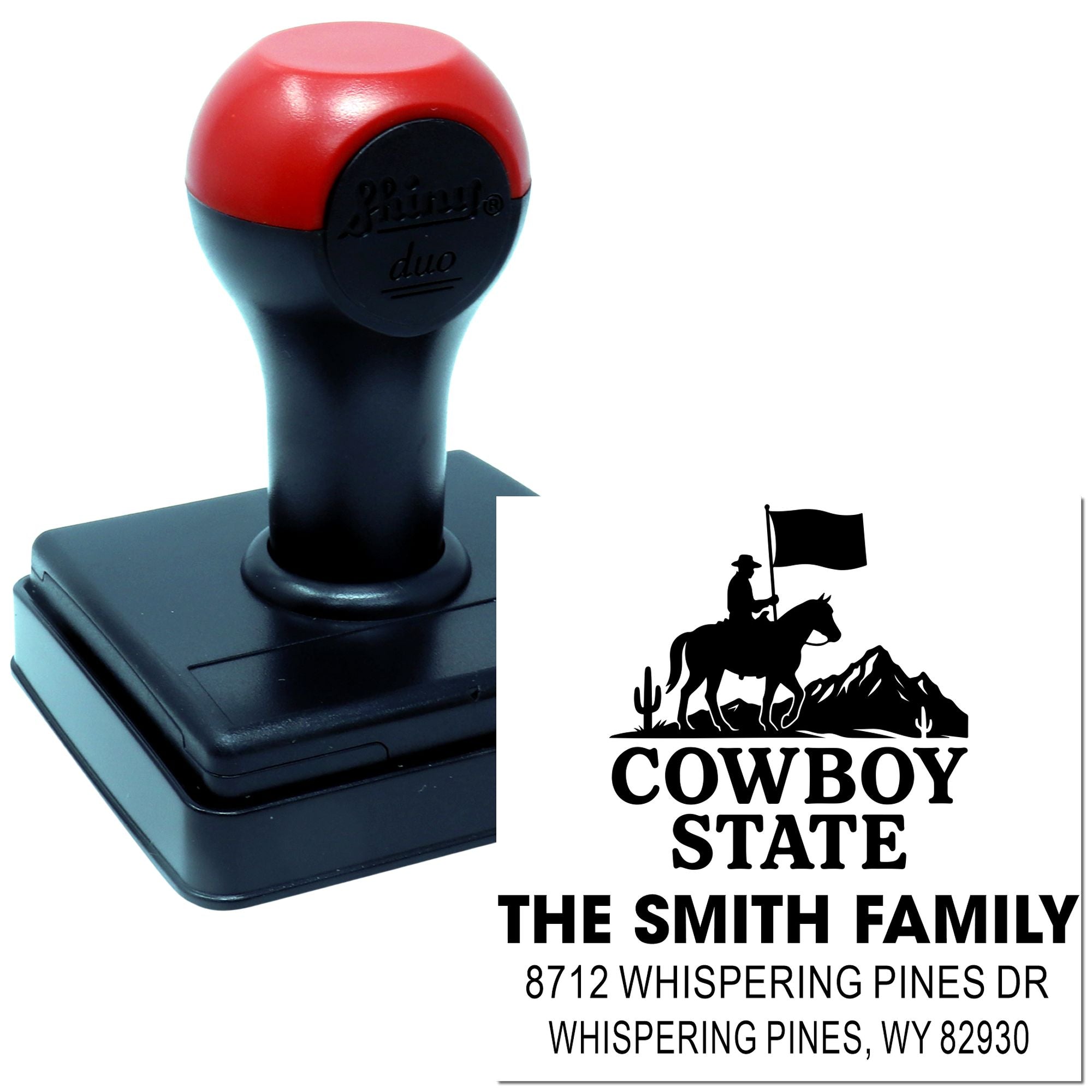 Self-inking cowboy state address stamp with custom rancher silhouette and sample imprint reading THE SMITH FAMILY, Whispering Pines, WY.