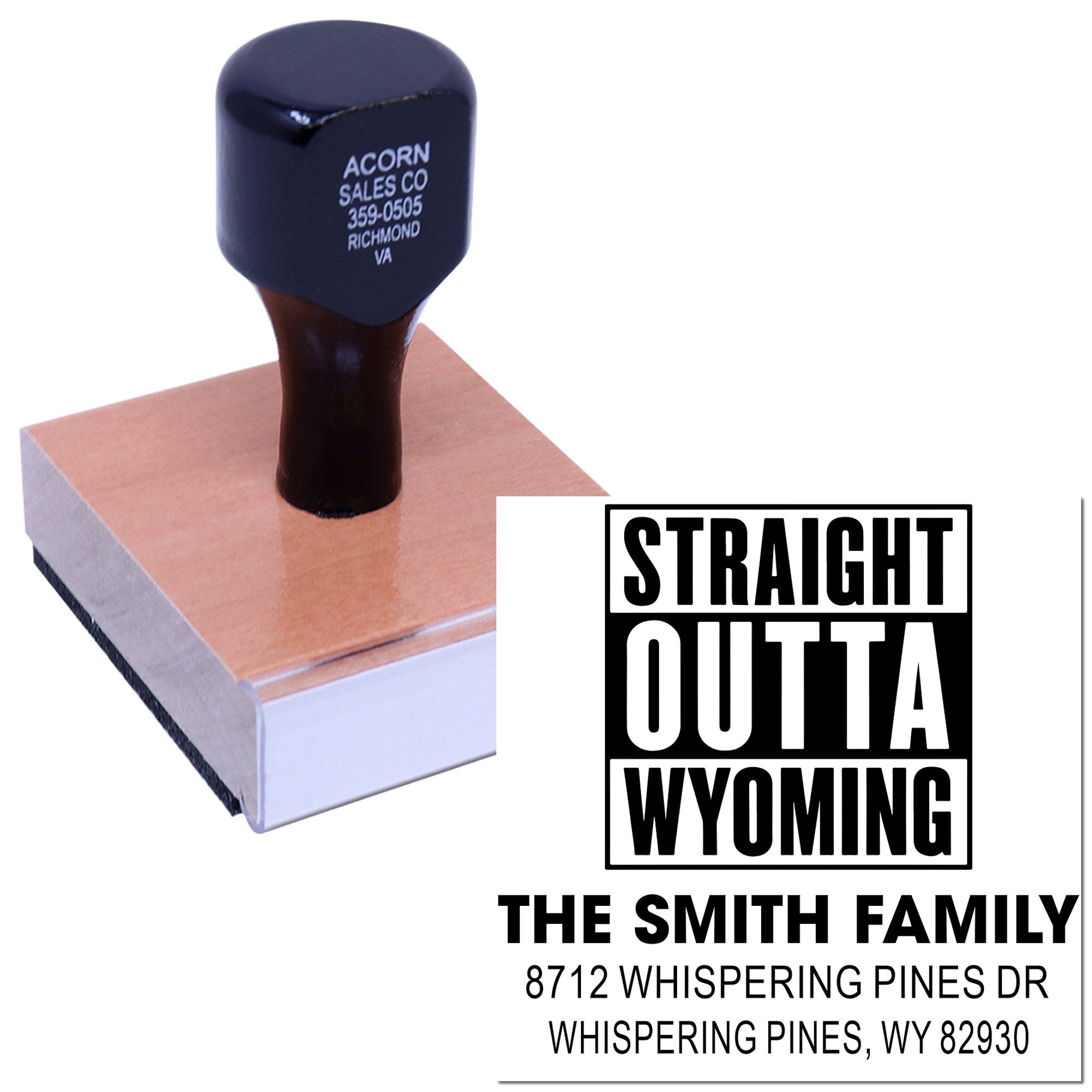 Custom rubber address stamp for The Smith Family, Straight Outta Wyoming design, shown on a stamp block with matching imprint on a white background.