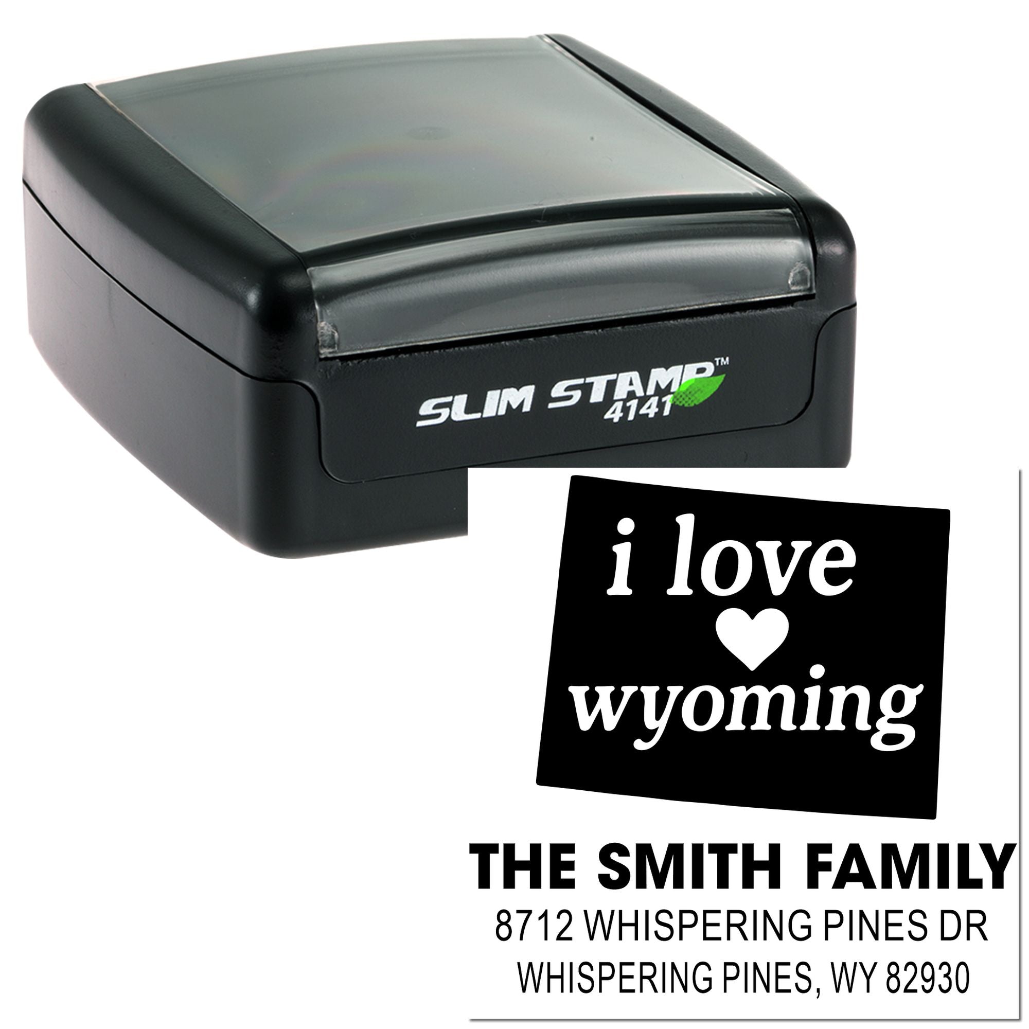 Black Slim Stamp 4141 self-inking address stamp with I love Wyoming design and custom family name and address imprint on white background.