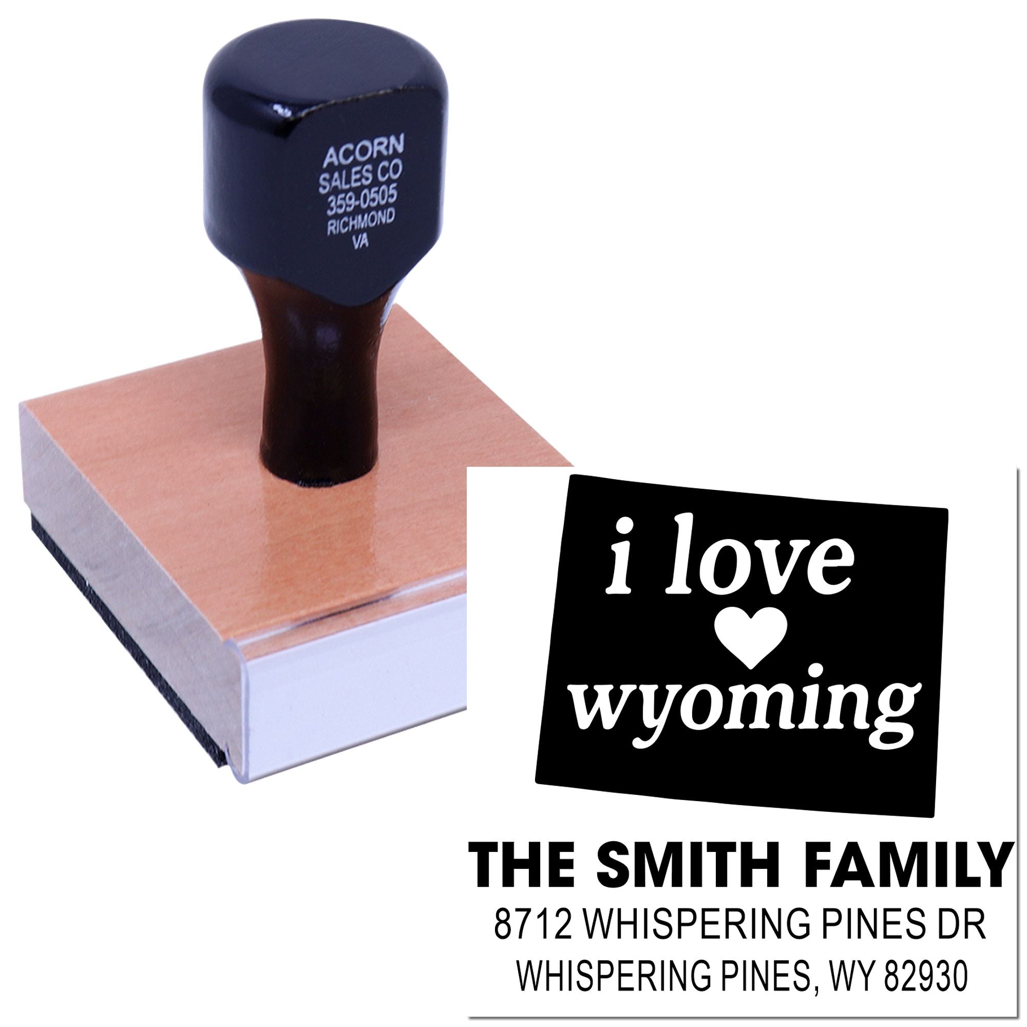 Personalized return address rubber stamp on wooden base, showing i love Wyoming and The Smith Family address for mailing or craft use.