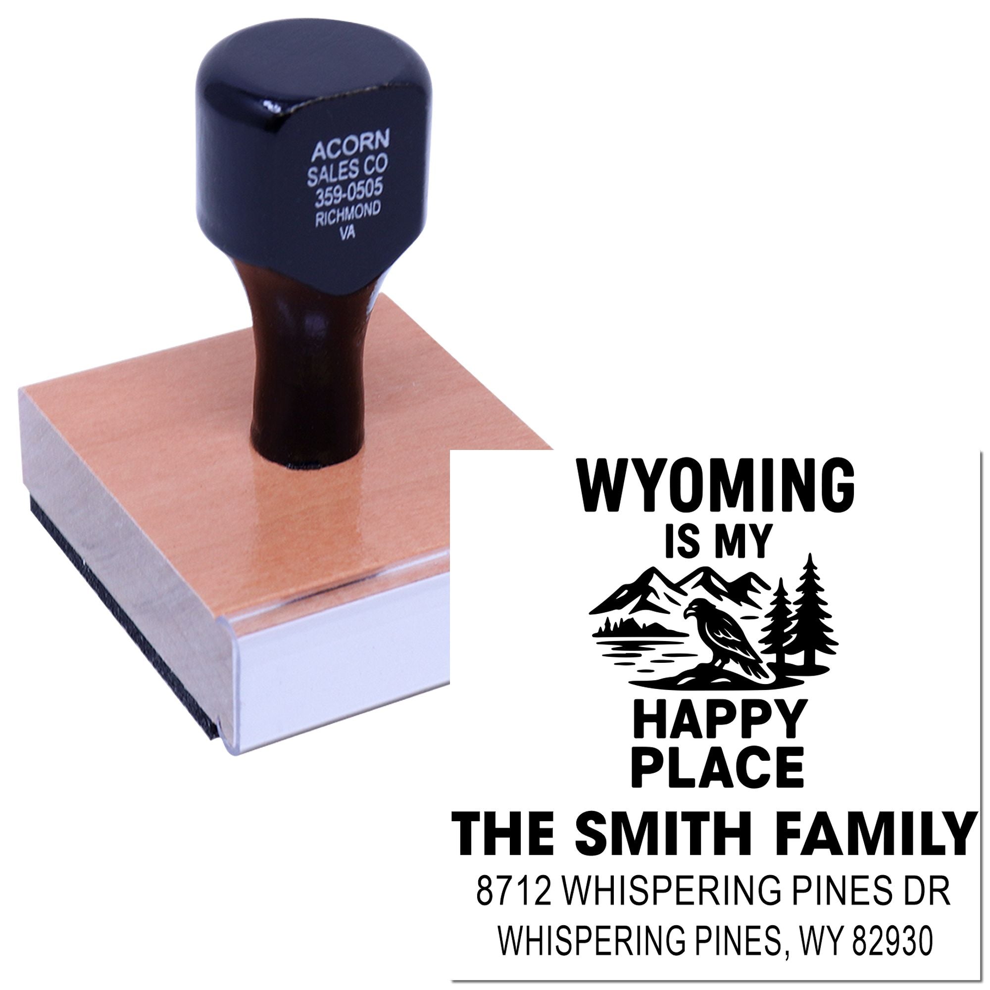 Custom rubber stamp with Wyoming Is My Happy Place and Smith family address, shown on a wooden stamp block against a white background.