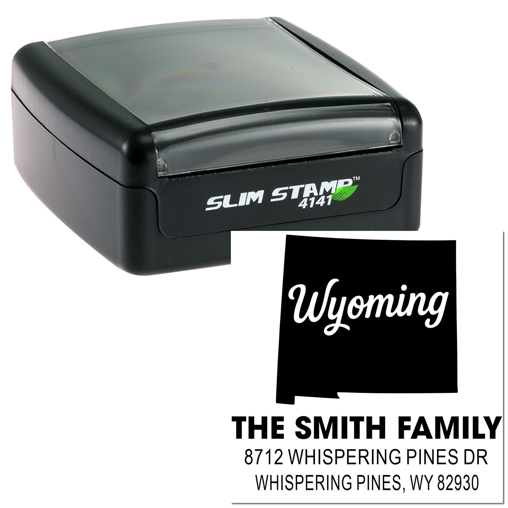 Self-inking Slim Stamp 4141 with custom return-address imprint for The Smith Family in Wyoming on a white background.
