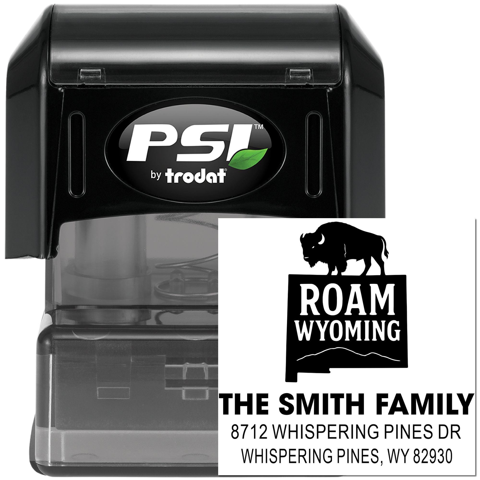 PSI by trodat self-inking stamp with Roam Wyoming buffalo design and The Smith Family custom address on white background