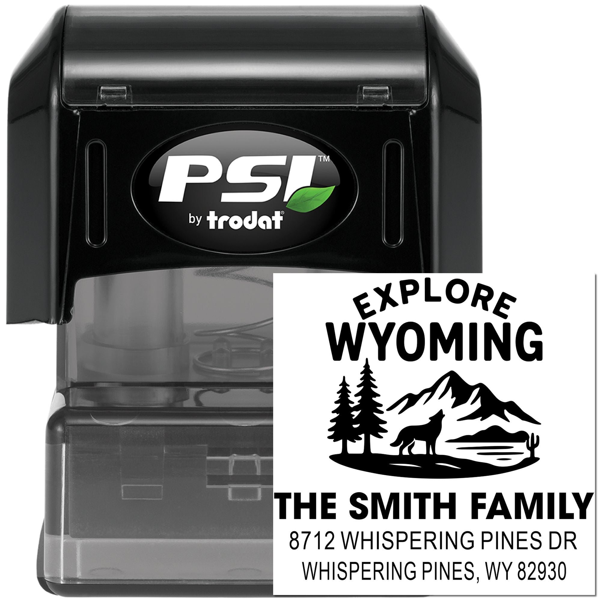 PSI by Trodat self-inking stamp with custom Explore Wyoming family address design featuring mountains, pine trees, wolf and house number.