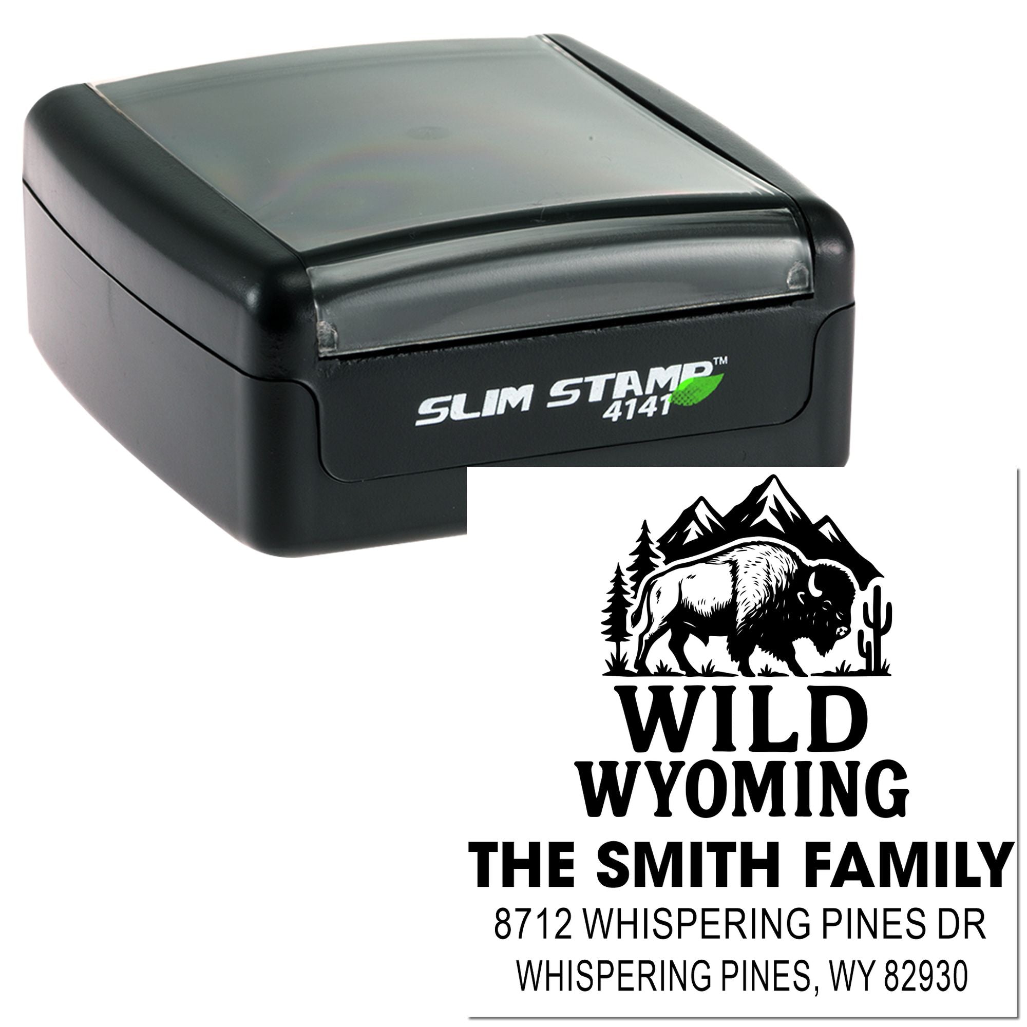 Slim Stamp 4141 custom return address stamp with Wild Wyoming bison design, Smith family name, and Whispering Pines address on white background.