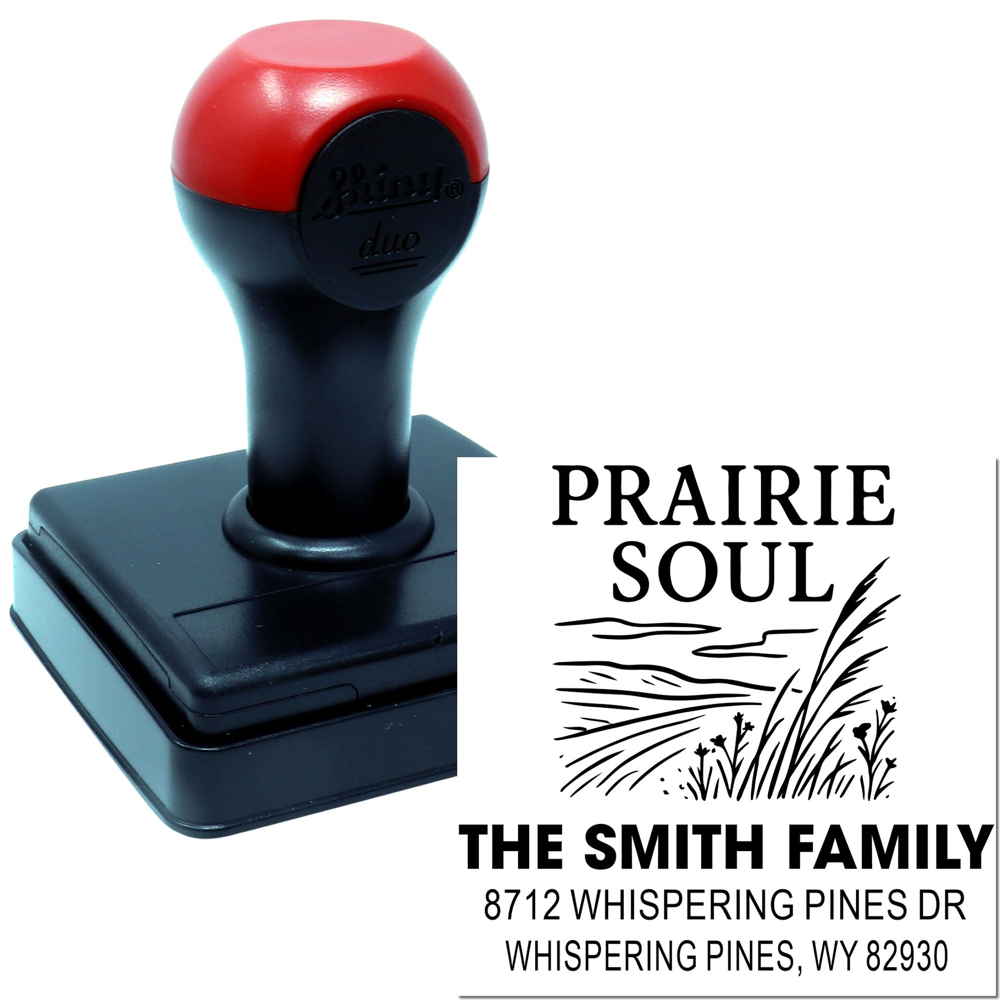Custom self-inking address stamp with Prairie Soul design, The Smith Family and Whispering Pines WY return address on white background.