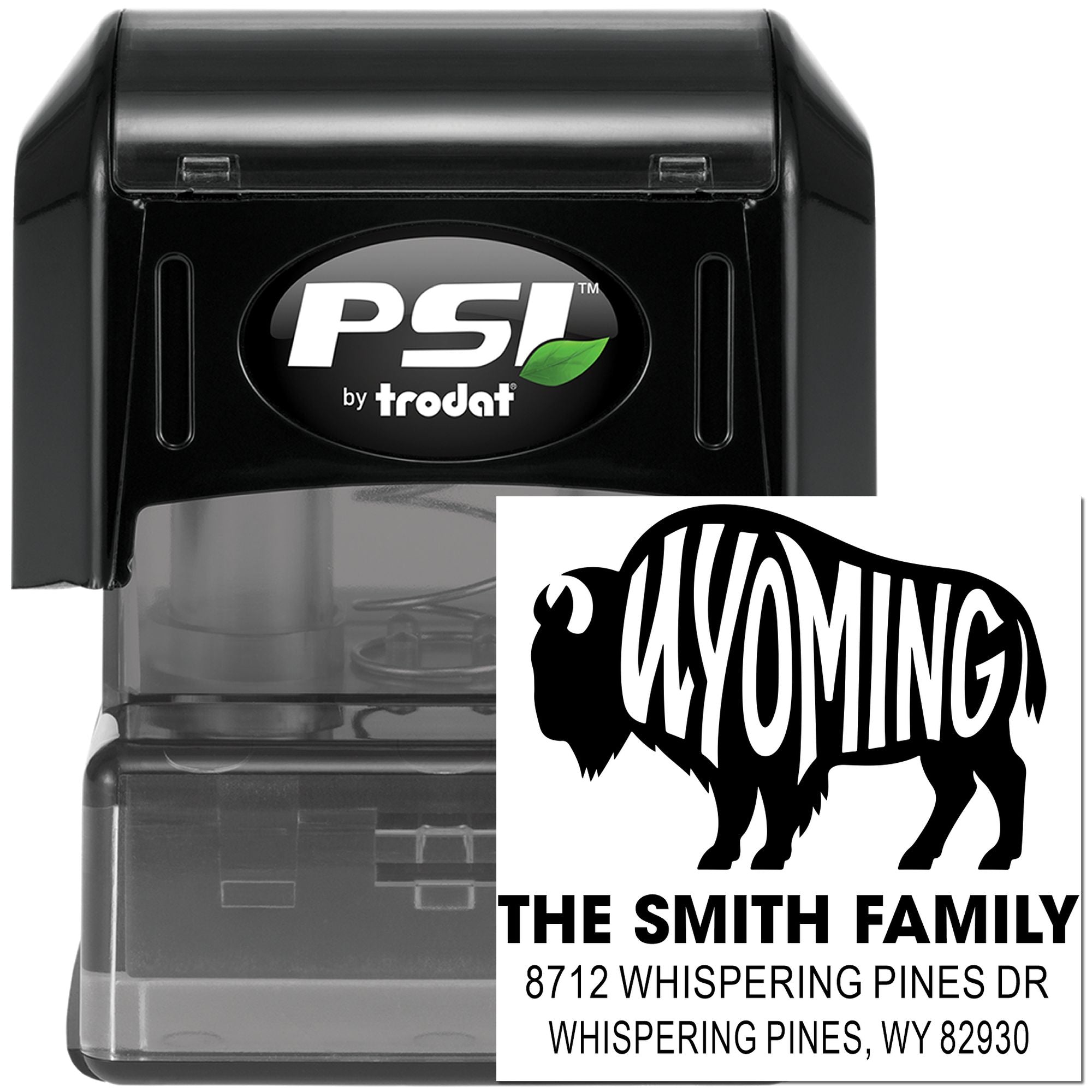 Custom self-inking PSI by Trodat address stamp with Wyoming buffalo design and The Smith Family imprint on a black stamp cartridge.