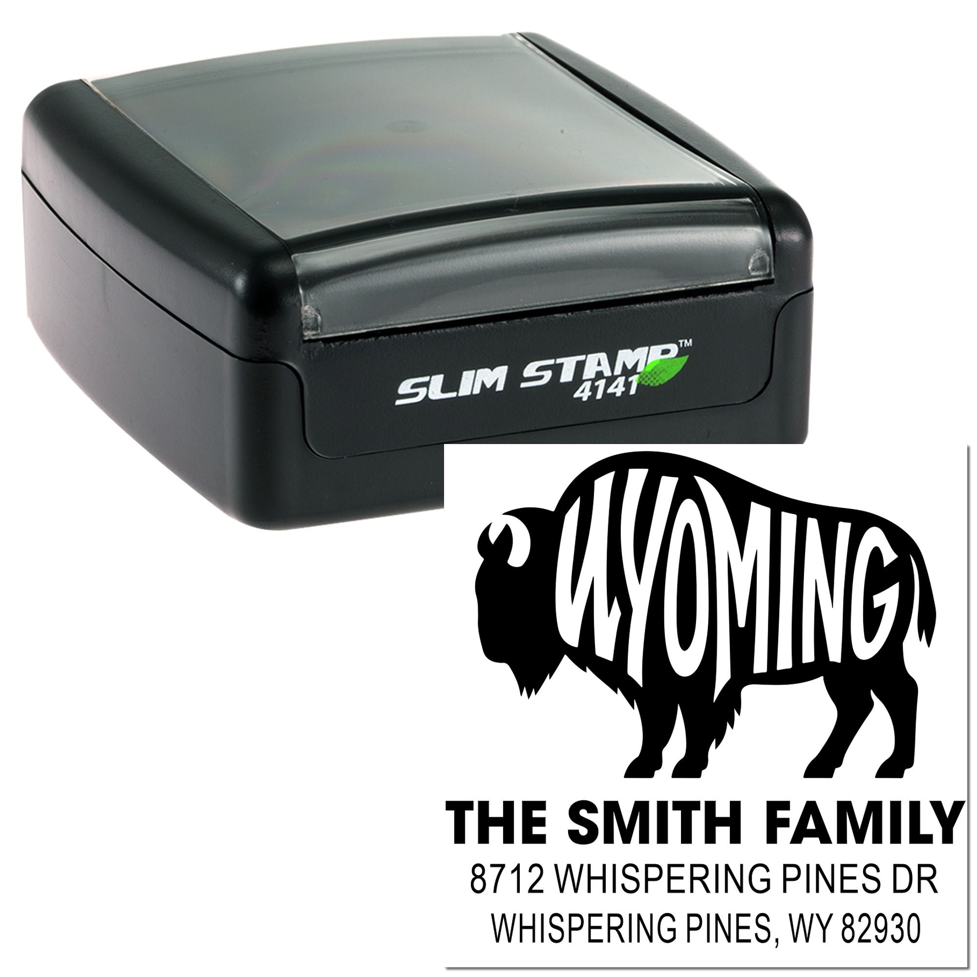 Self-inking Slim Stamp with custom Wyoming buffalo address imprint for The Smith Family on a white background.