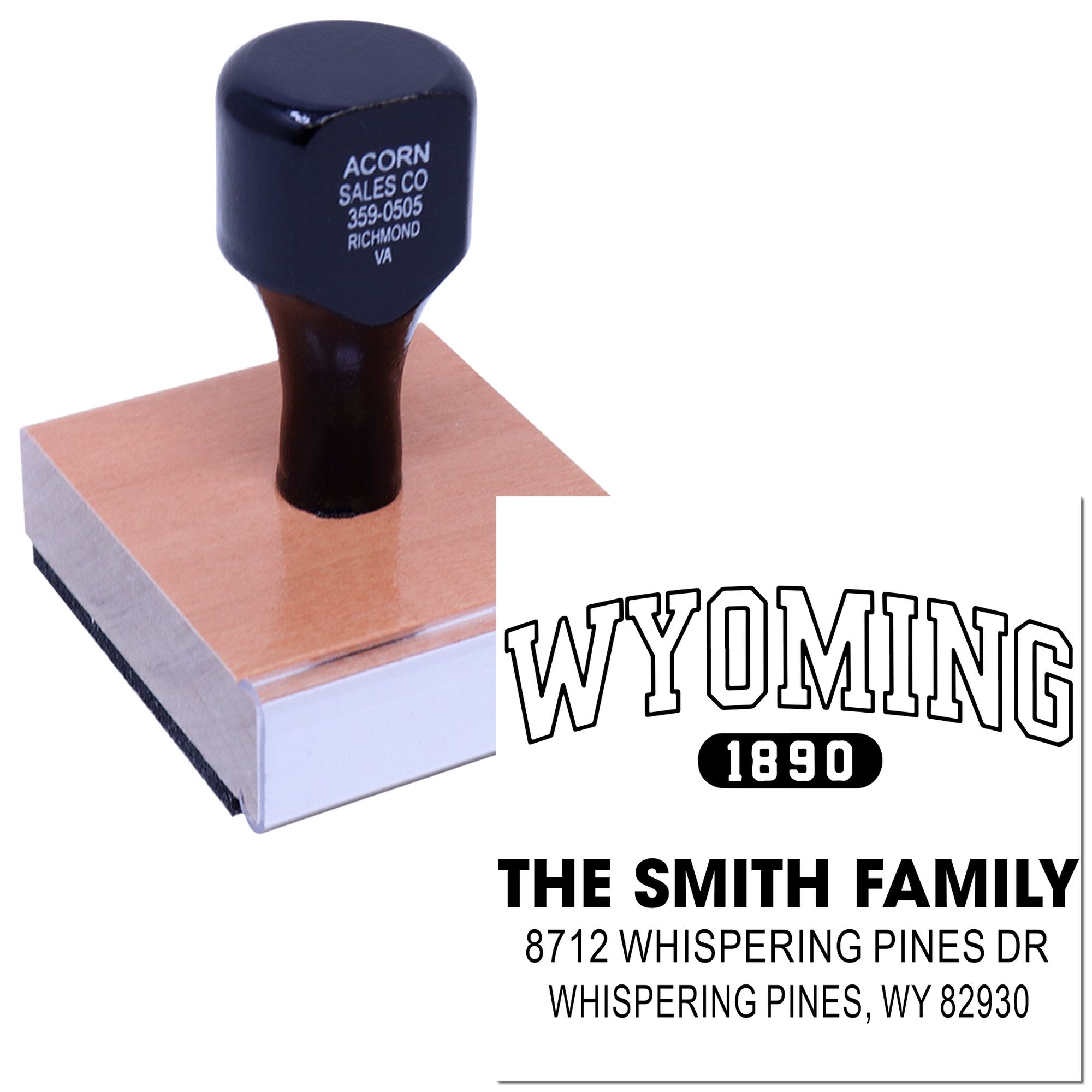 Custom wood-handled rubber stamp for Wyoming 1890, showing The Smith Family name and address imprint on white background.