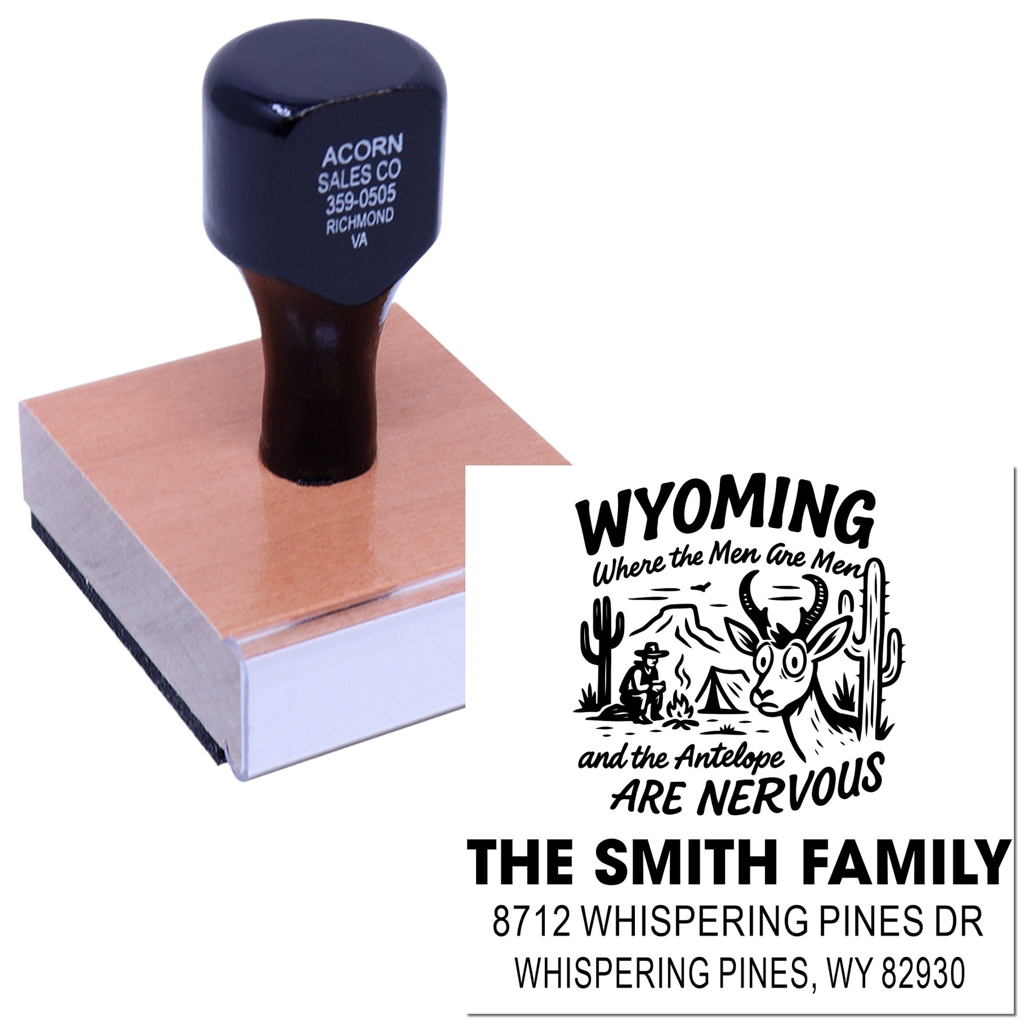 Custom self-inking stamp with Wyoming antelope design and The Smith Family address imprint, shown on a white background.