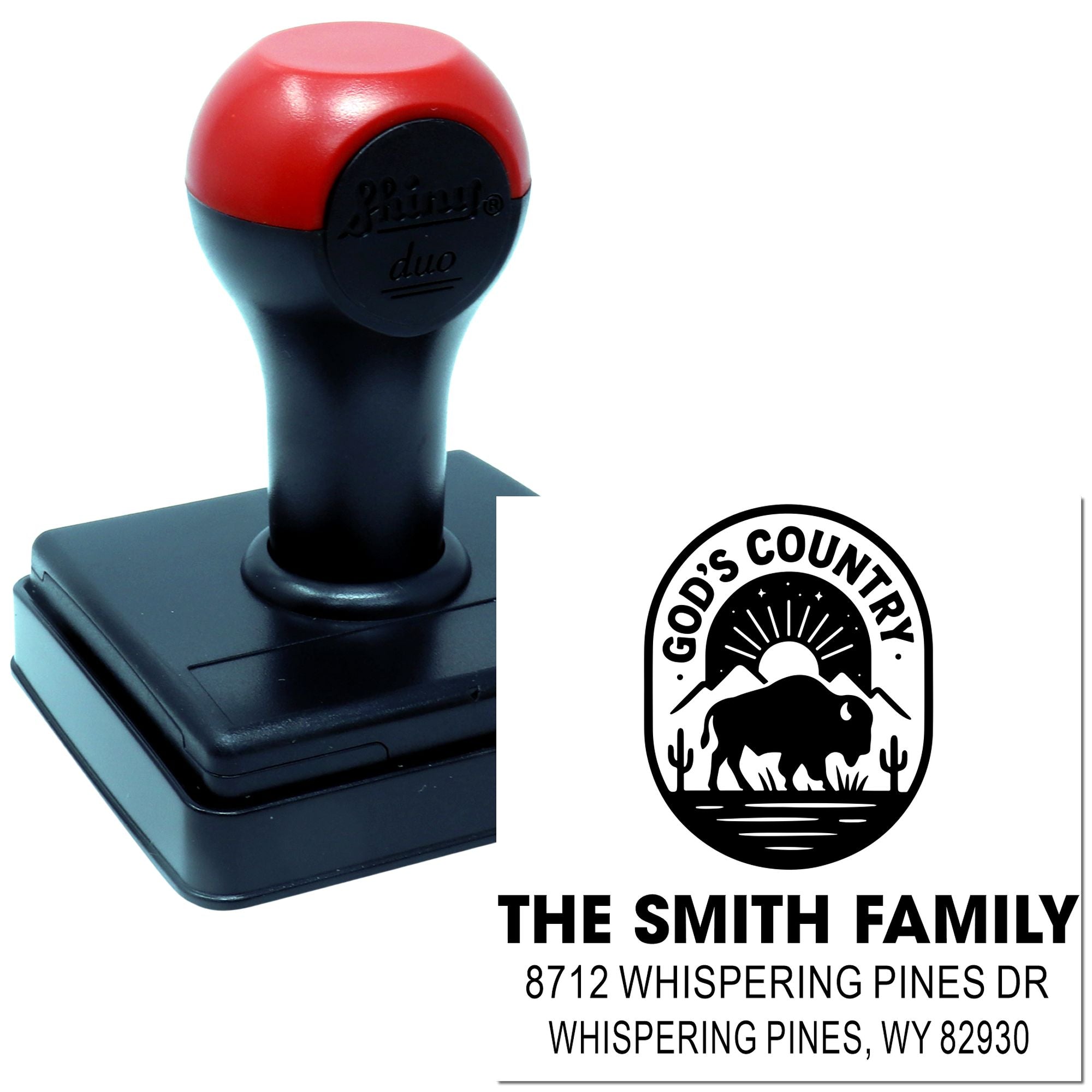 Custom self-inking address stamp with Gods Country bison design, featuring The Smith Family name and Whispering Pines, WY address.