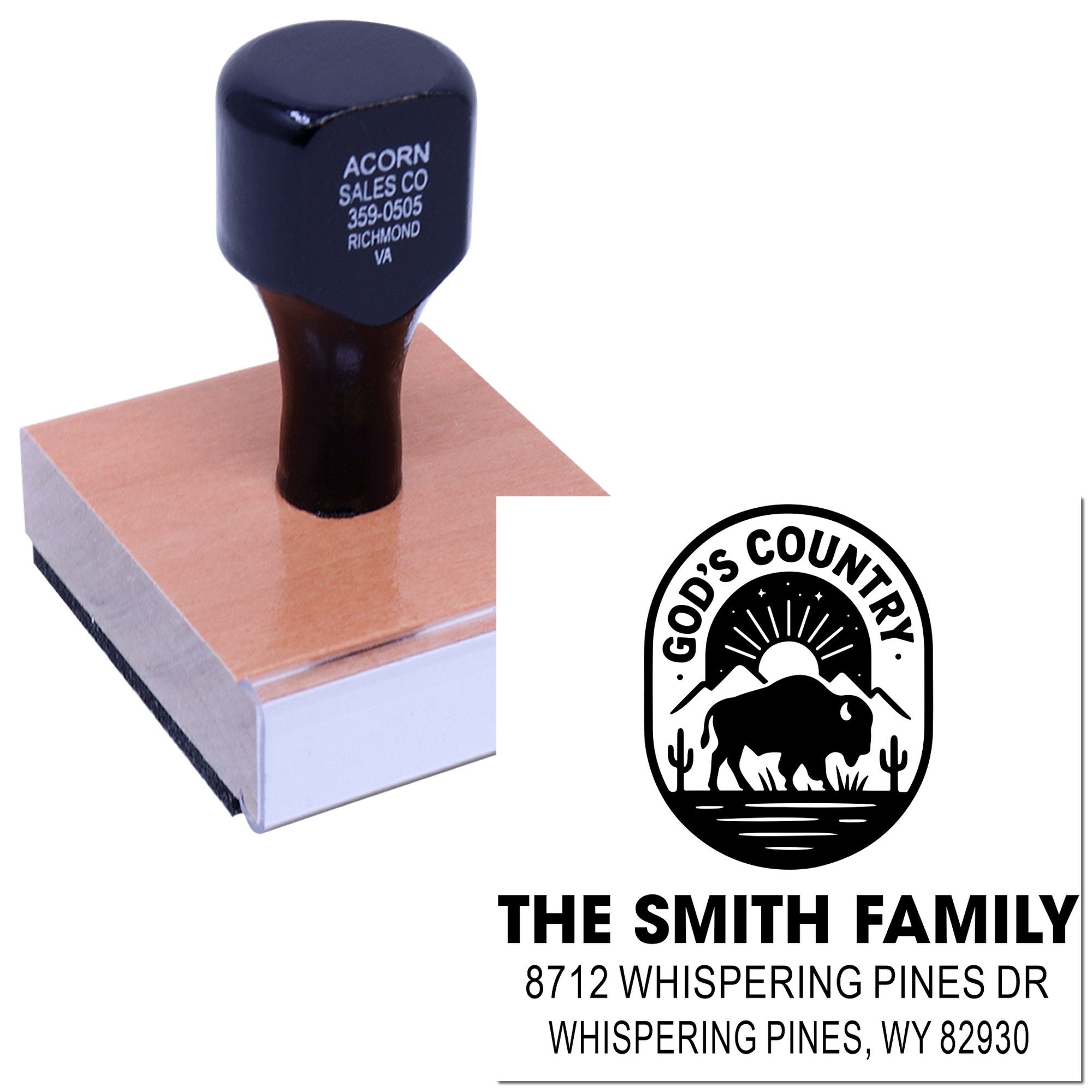 Custom self-inking rubber stamp pressed on wood block, featuring a Gods Country bison logo and The Smith Family address design proof.