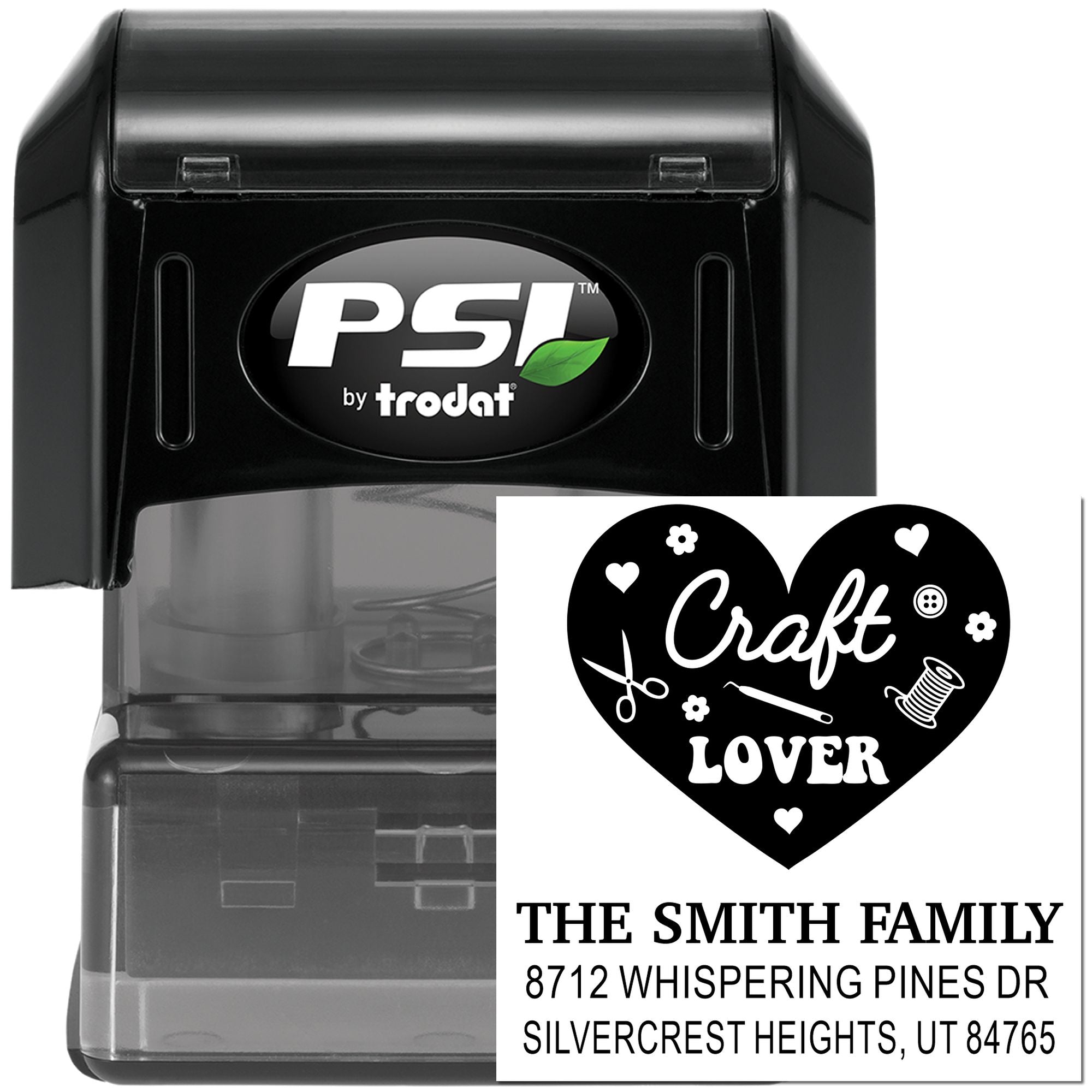 Personalized PSI by trodat self-inking address stamp with Craft Lover heart design, shown in black case on white background.