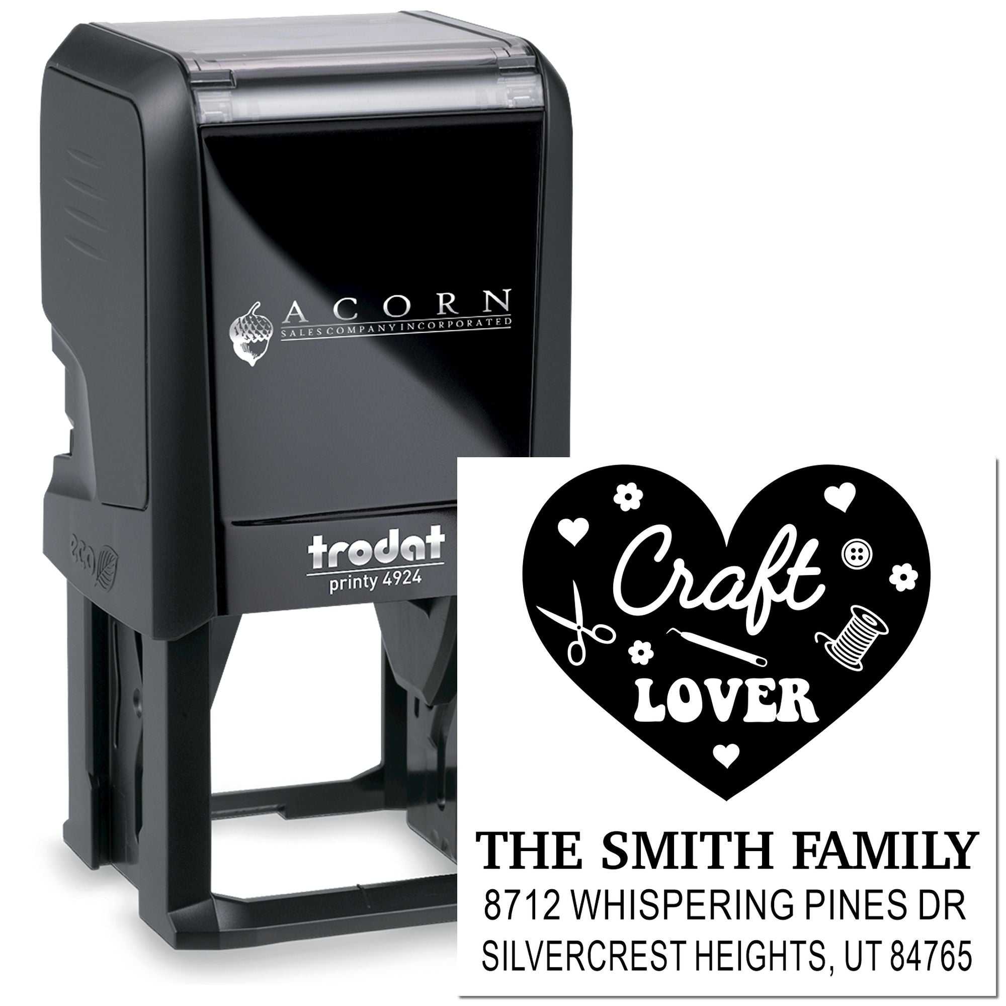 Custom self-inking craft stamp with heart design and return address for The Smith Family, shown on a white background.