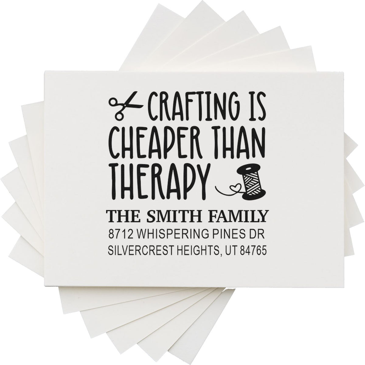 Custom self-inking stamp with Crafting is cheaper than therapy, scissors and thread icons, personalized Smith family return address.