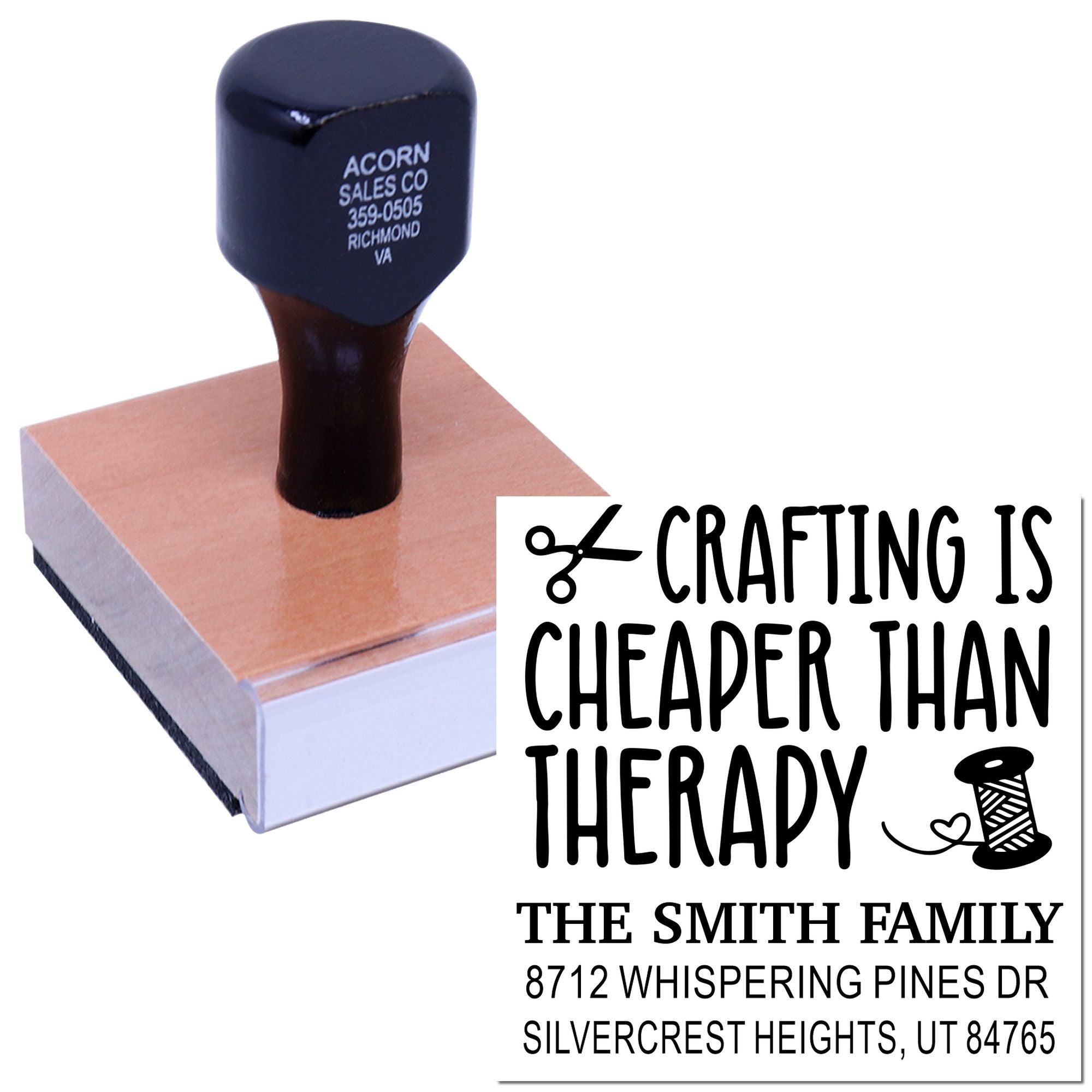 Custom crafting stamp with Crafting Is Cheaper Than Therapy and Smith family address on a rubber stamp block, shown on a white background.