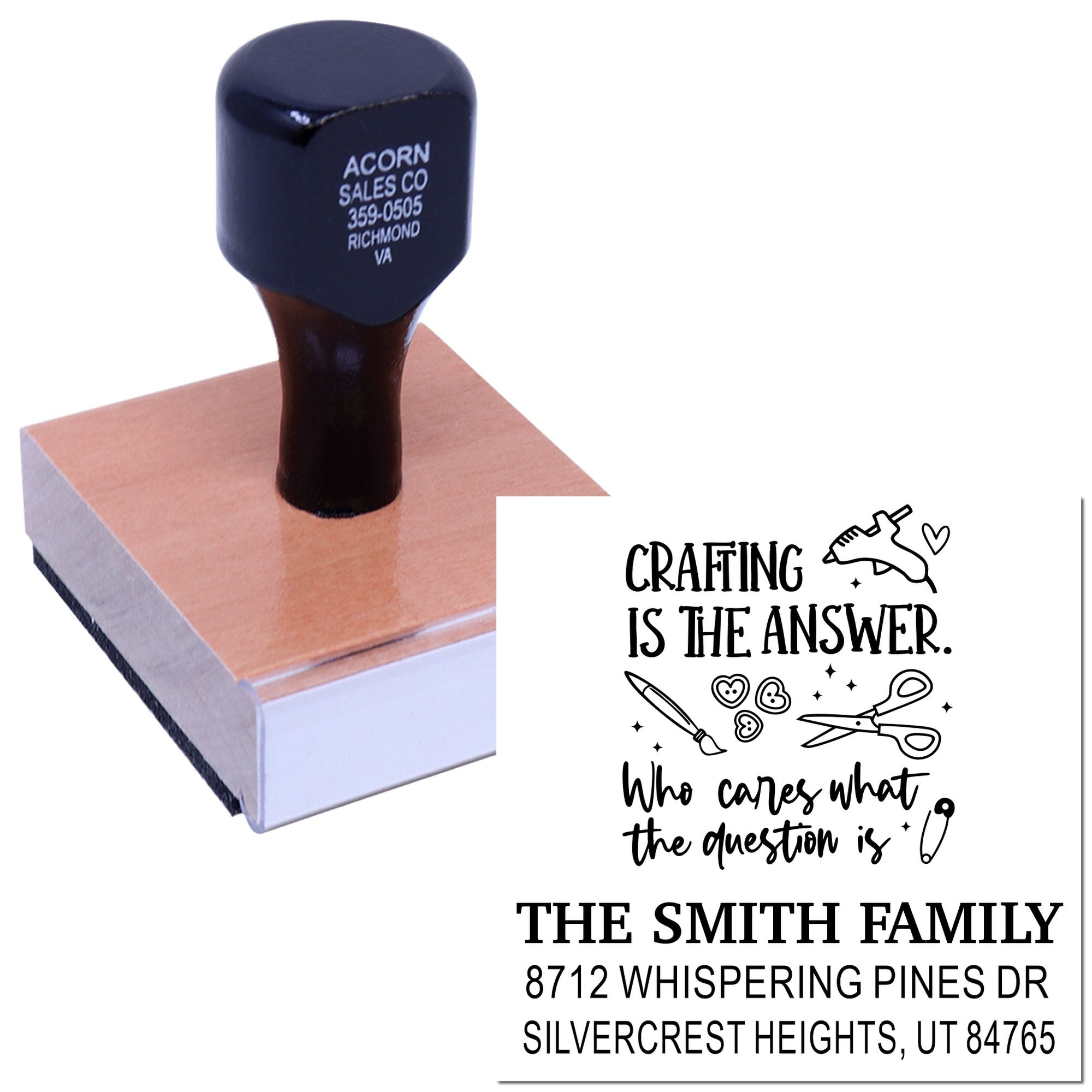 Custom self-inking rubber stamp on a wooden block, displaying a craft-themed personalized address design on a white product mockup background.
