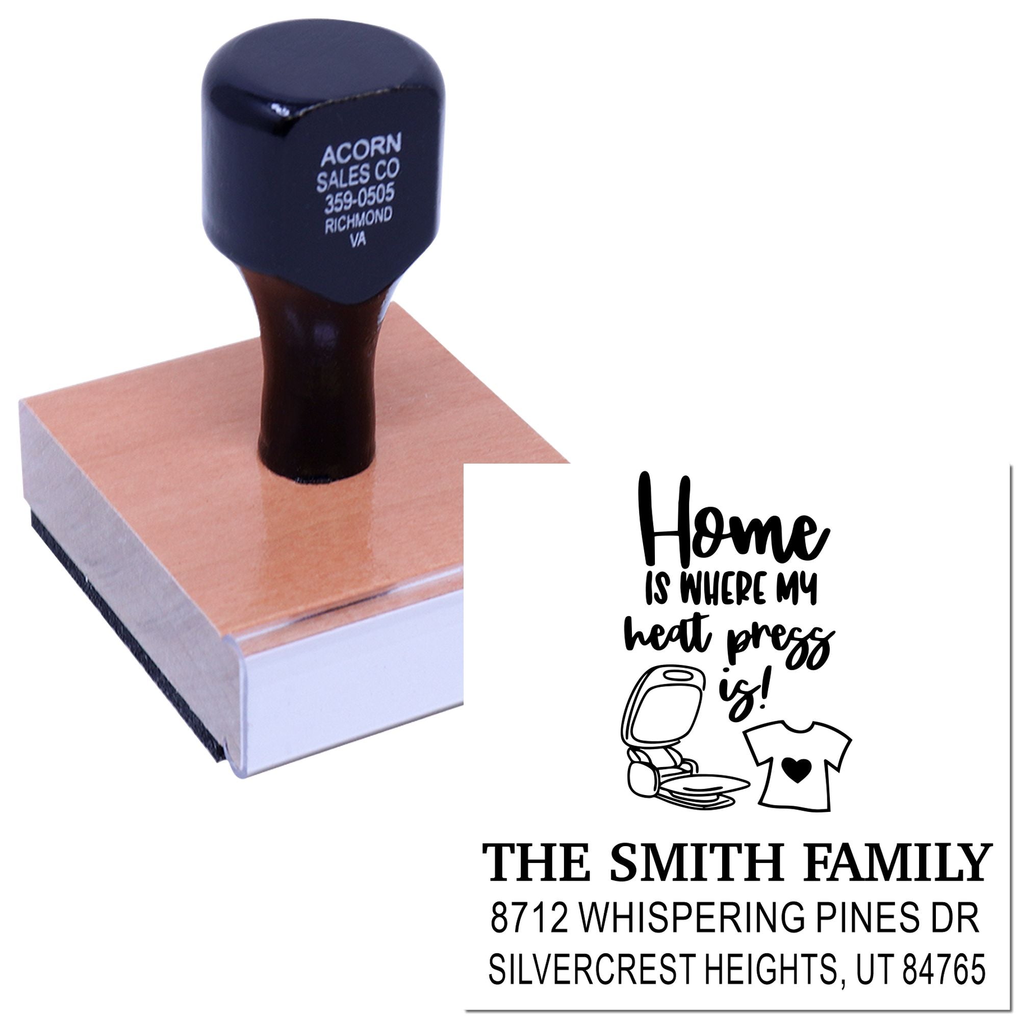 Custom self-inking family address stamp with Home is where my heart press is! quote, t-shirt icon, and full address on white background.