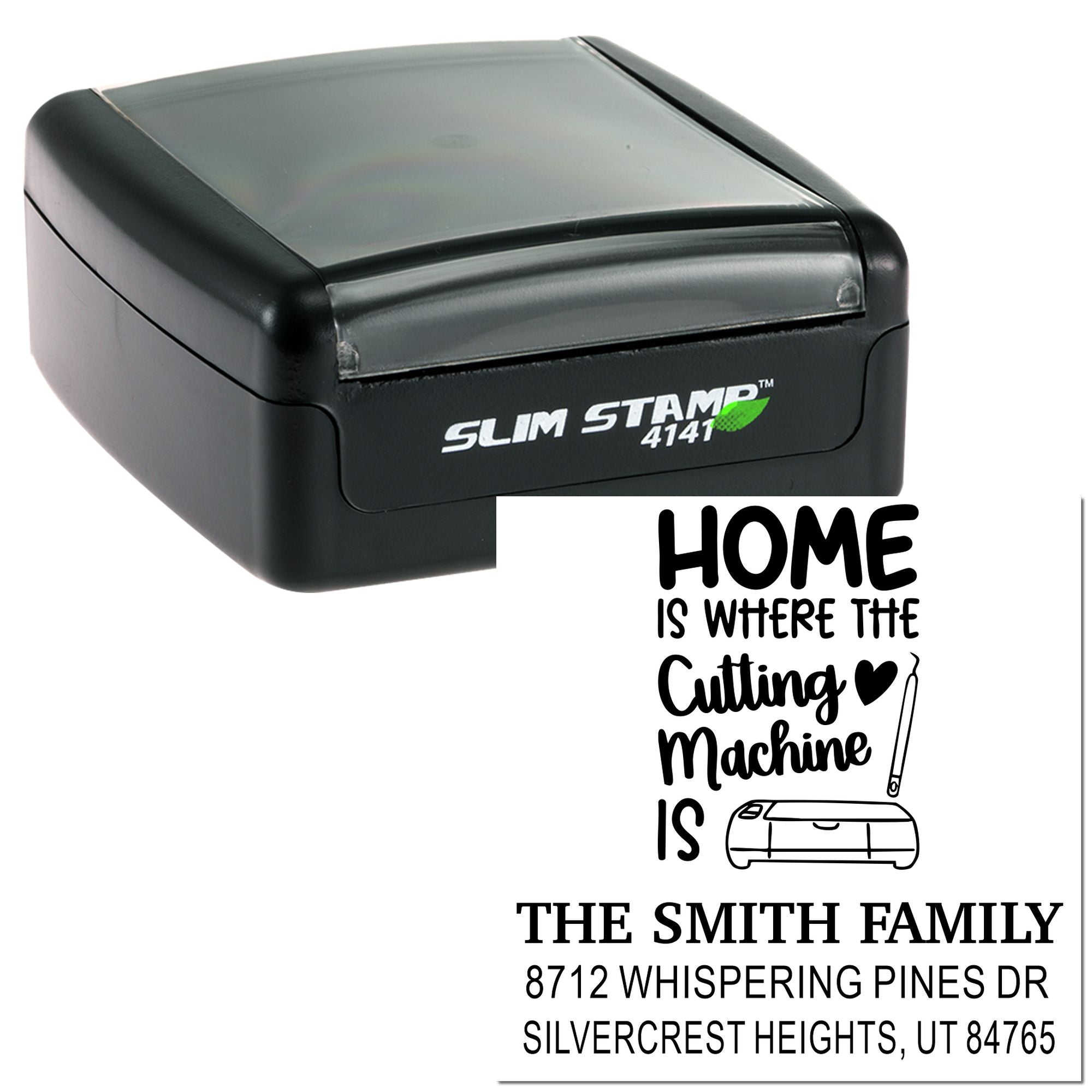 Custom slim self-inking address stamp with home and cutting machine design, featuring The Smith Family name and Utah address.