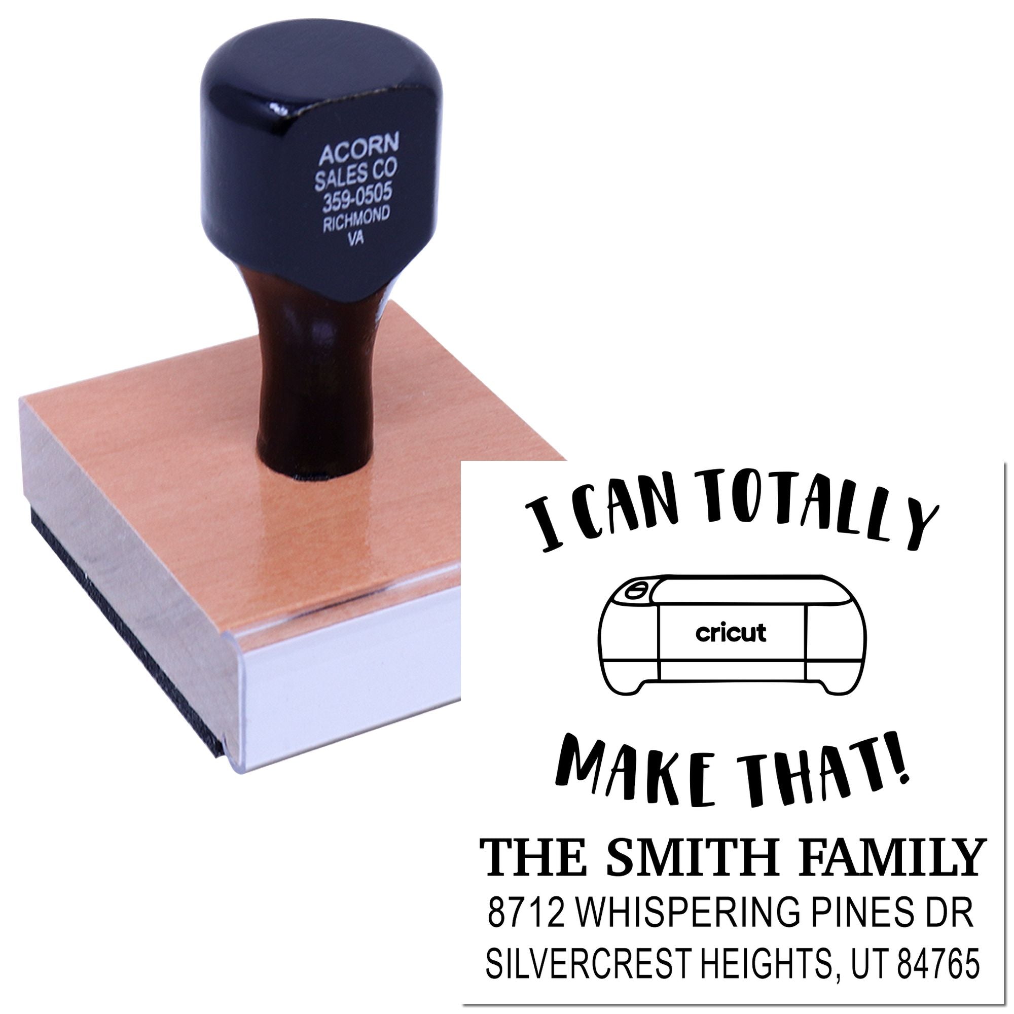Personalized rubber stamp on wooden block with Cricut graphic and custom family address text sample, shown on white background for mailing labels.
