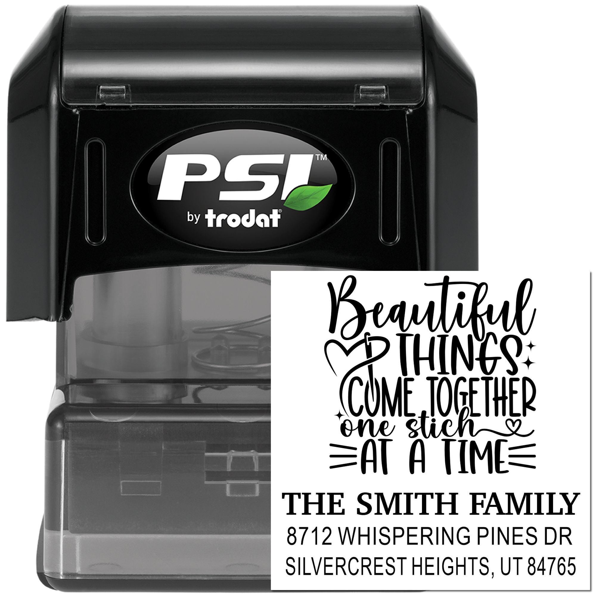 PSI by Trodat self-inking custom family address stamp with Beautiful Things Come Together quote, shown on a white background.