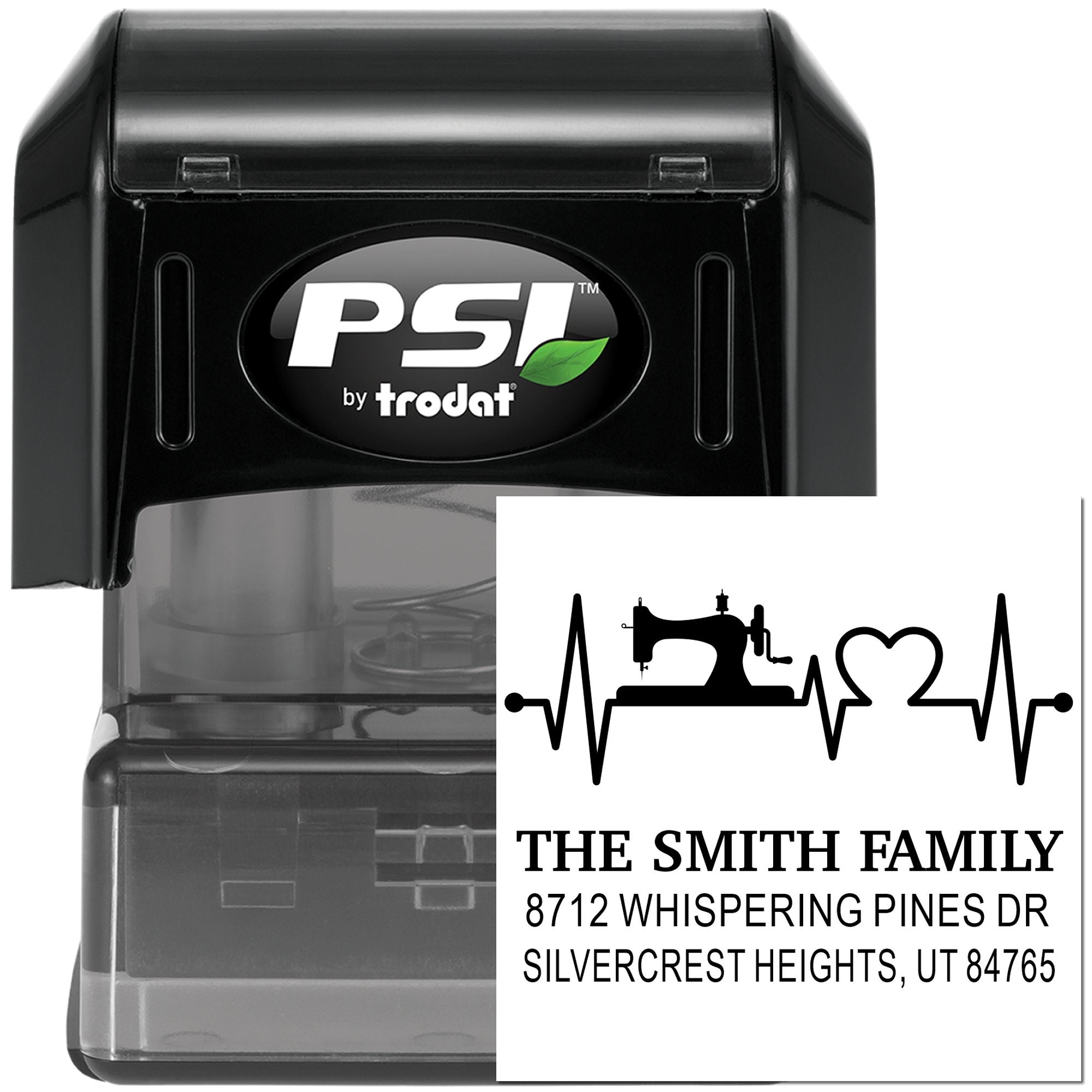 Custom self-inking address stamp by PSI Trodat featuring sewing machine heartbeat design, The Smith Family name, and Silvercrest Heights address on white background.