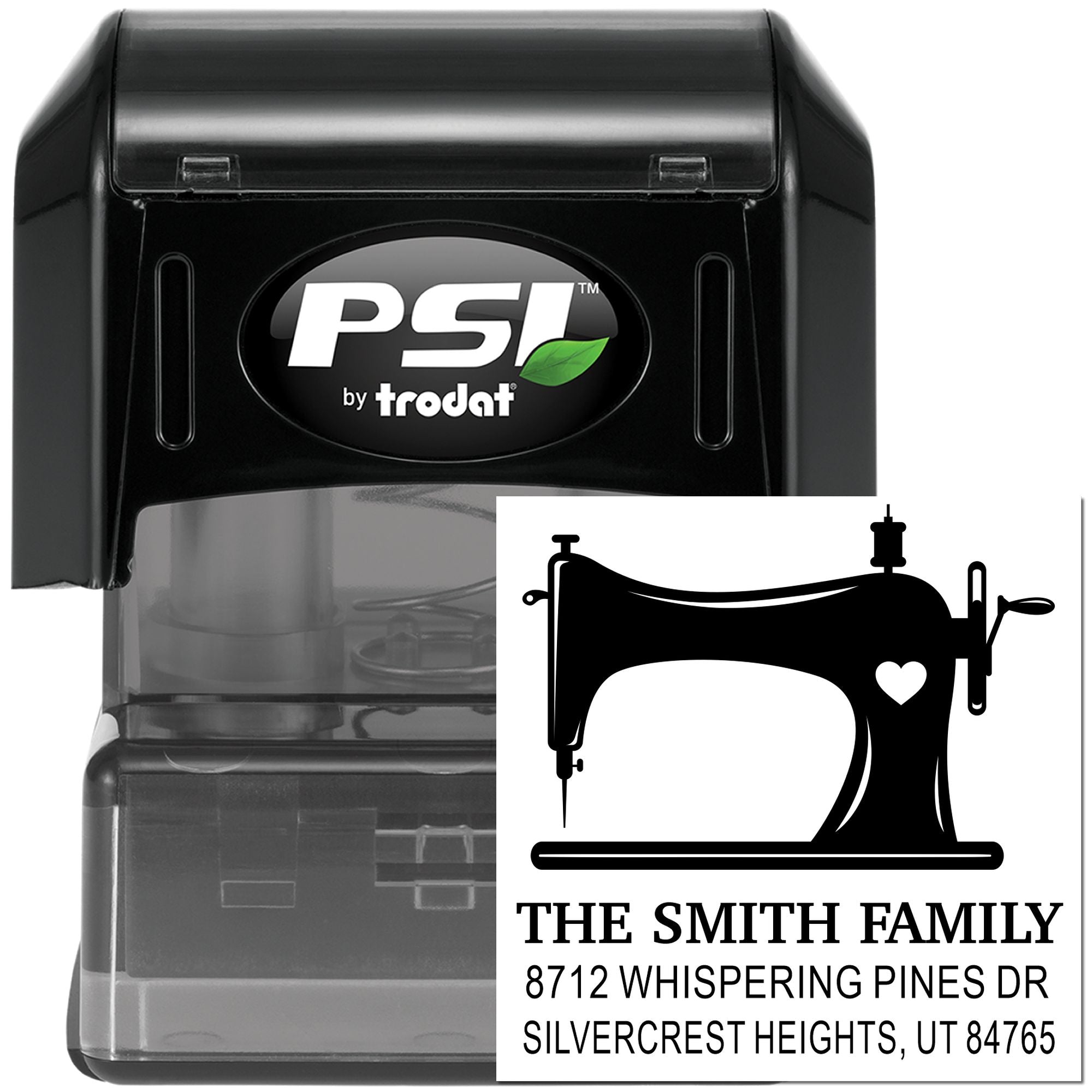 PSI by Trodat self-inking address stamp with sewing machine and heart design, featuring The Smith Family return address on a white studio background.