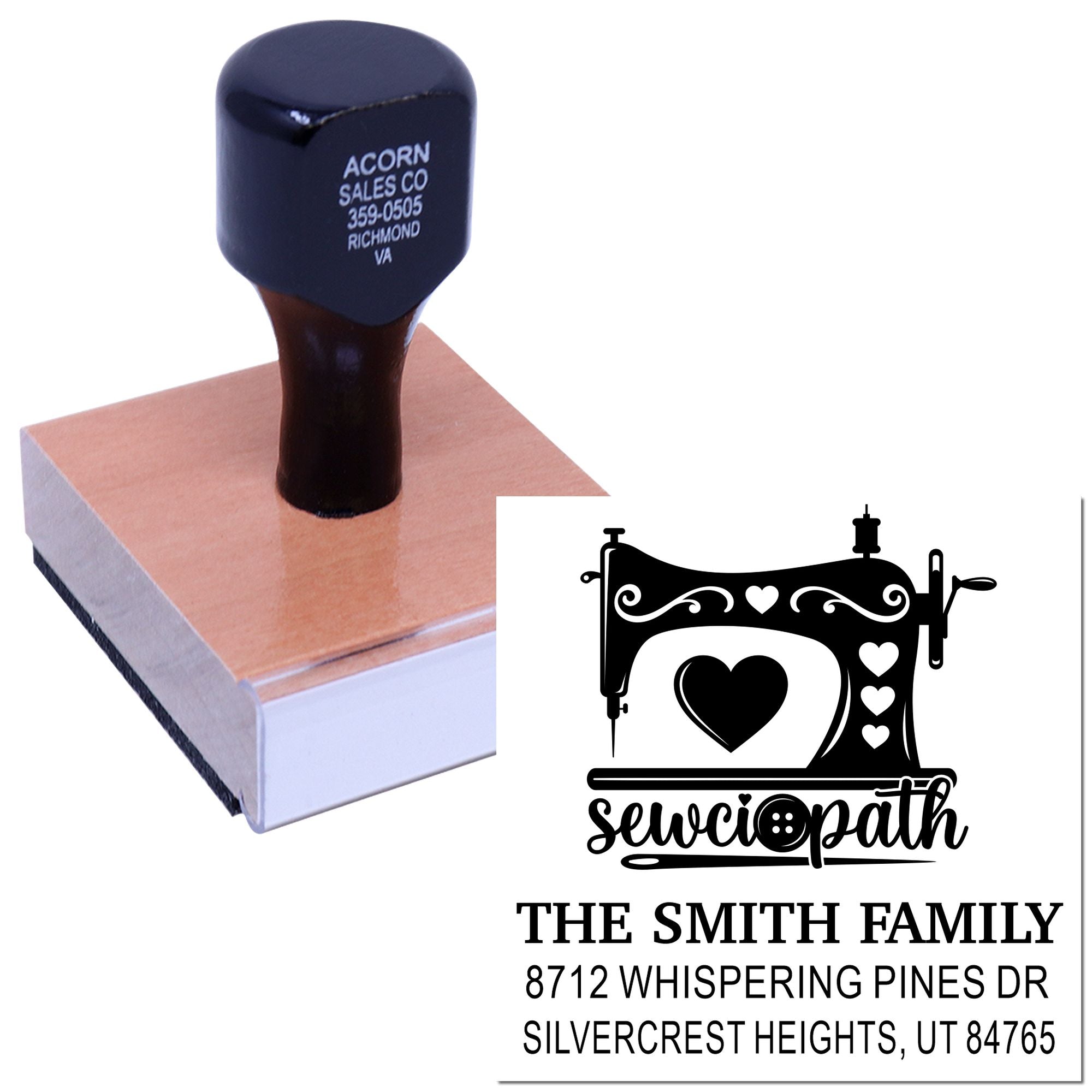 Custom sewing machine address rubber stamp on a self-inking block, featuring The Smith Family name, heart design, and Utah address on white background.