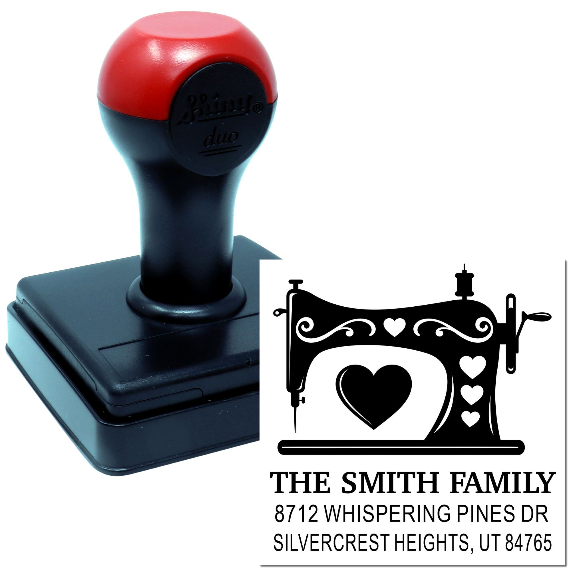 Custom self-inking address stamp with vintage sewing machine design, heart details, and The Smith Family name on a white product display.