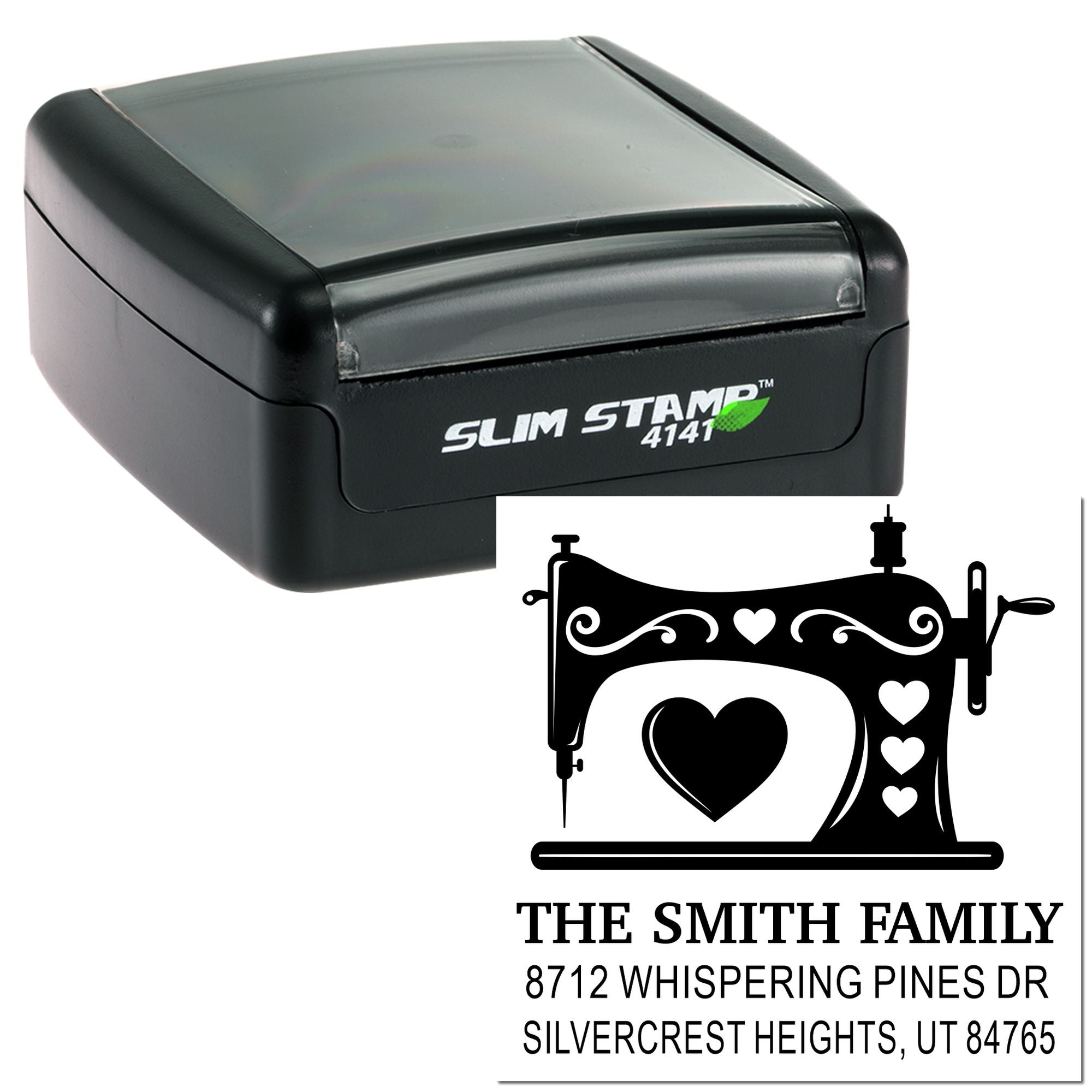 Slim self-inking address stamp with sewing machine and heart design, featuring The Smith Family and Silvercrest Heights, UT address.