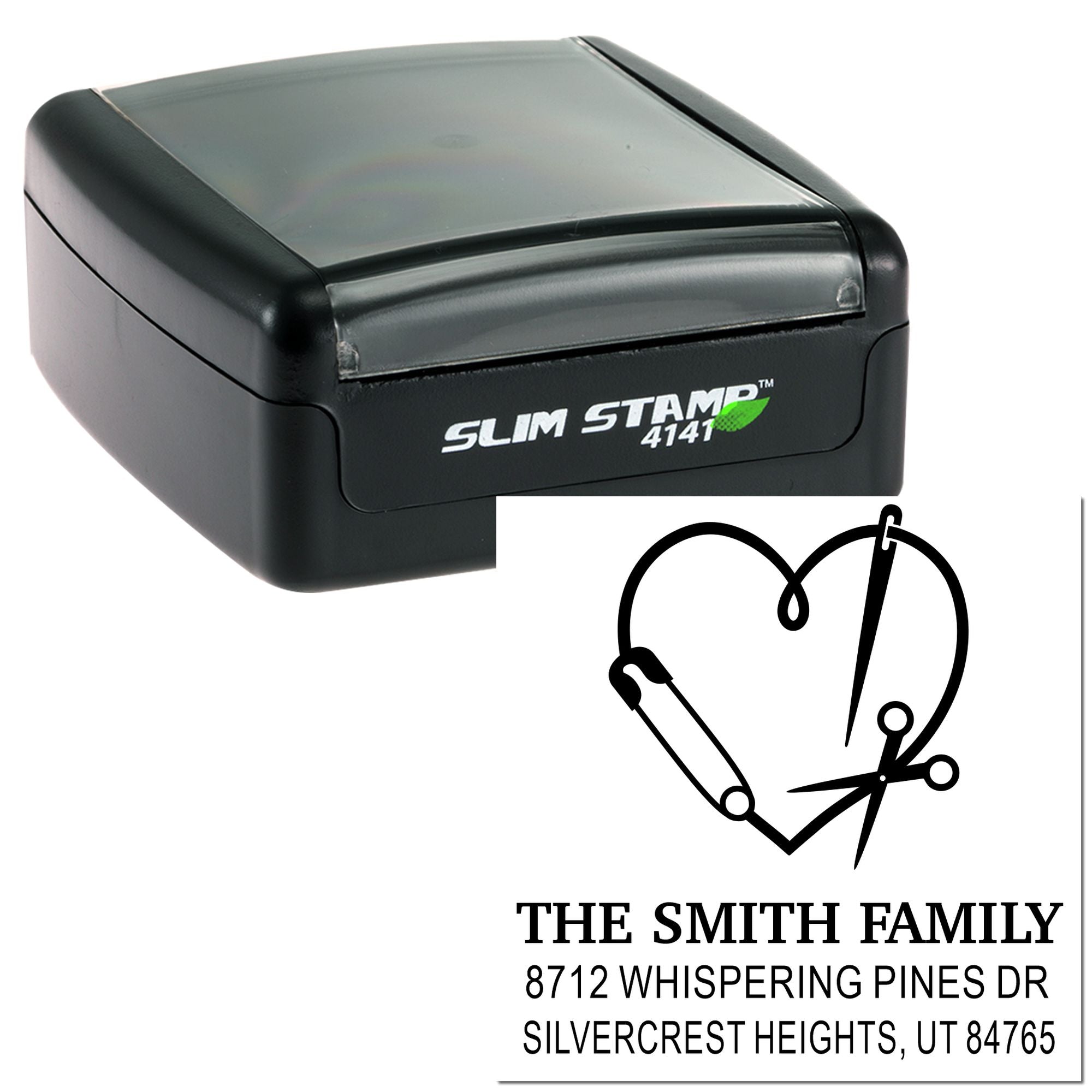 Custom self-inking address stamp with heart sewing motif and return address for The Smith Family, Silvercrest Heights, UT 84765