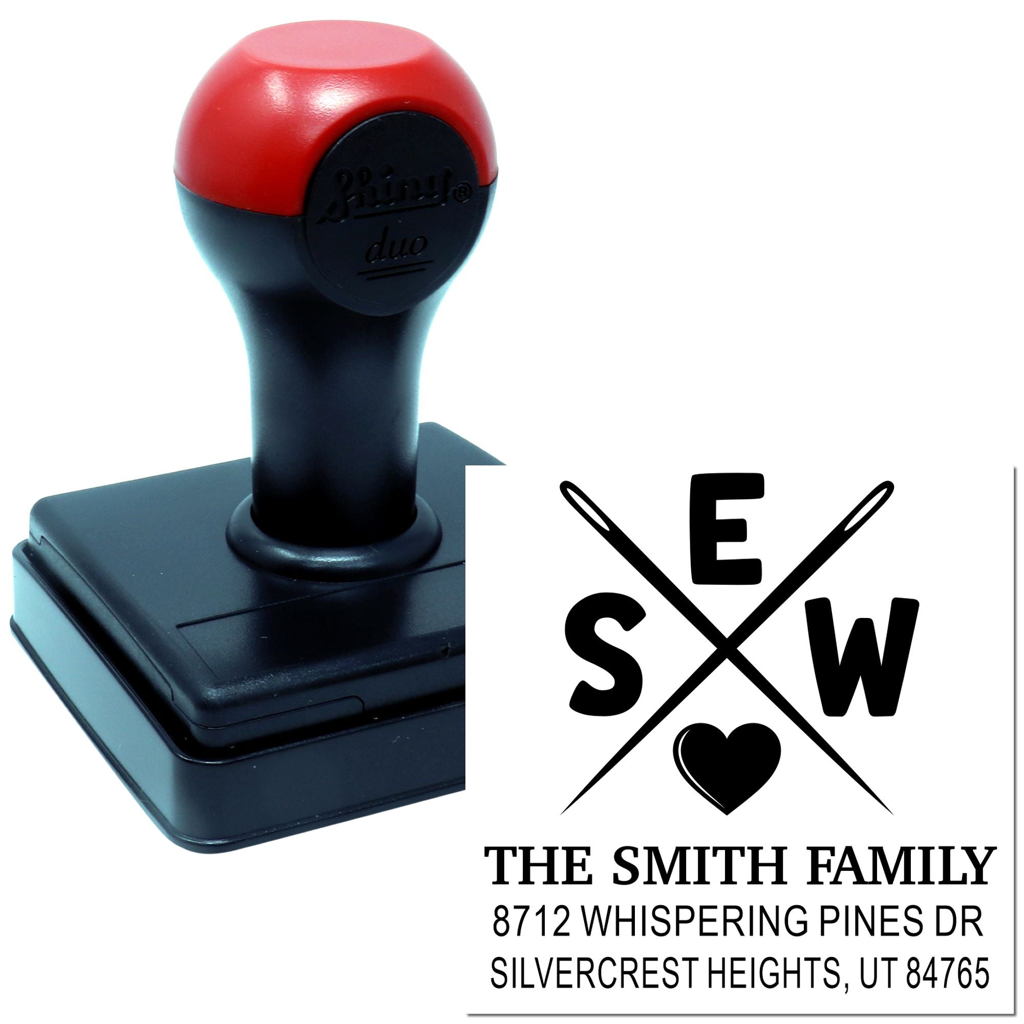 Personalized self-inking address stamp with red-and-black handle, showing the Smith family monogram and return address on a white background.
