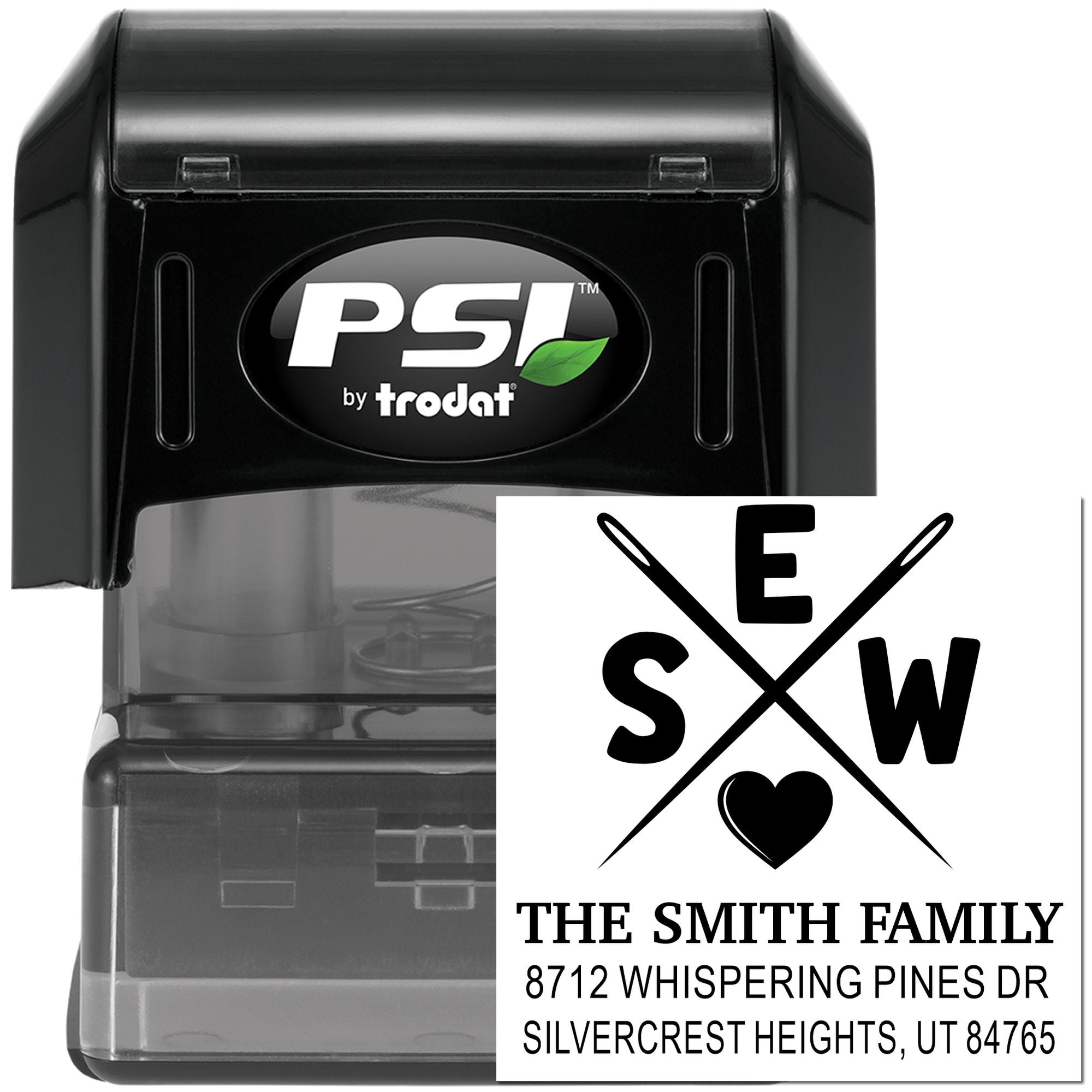 PSI by Trodat self-inking custom address stamp with Smith family monogram and home address, shown alongside black stamp body on a white background.