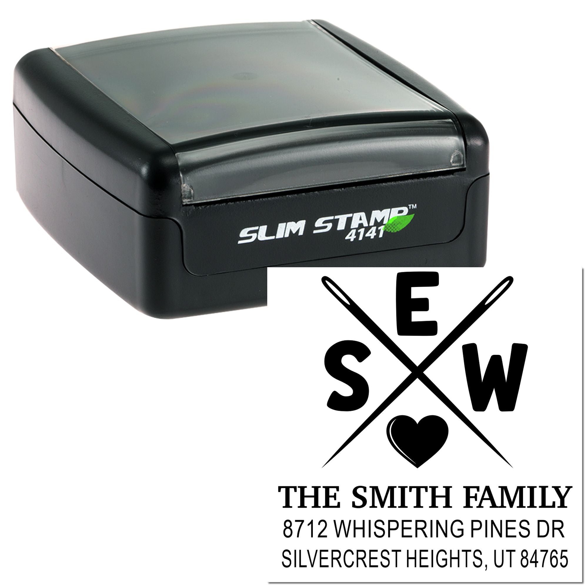 Black Slim Stamp 4141 custom address stamp on white background, showing a Smith family monogram and return address for Silvercrest Heights, Utah.