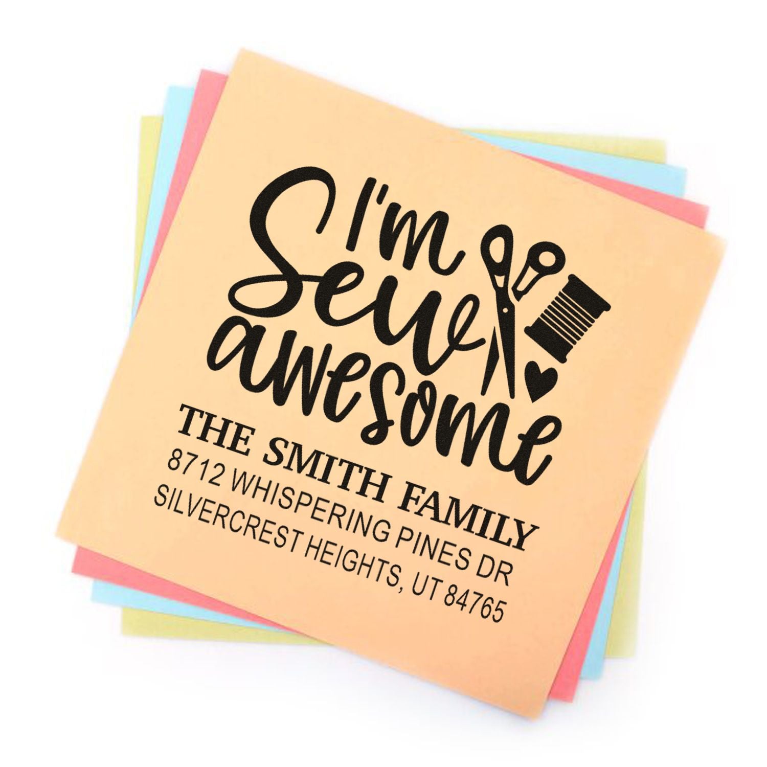 Personalized sewing-themed address stamp with Im Sew Awesome text, scissors and thread icons on stacked pastel stamp cards.