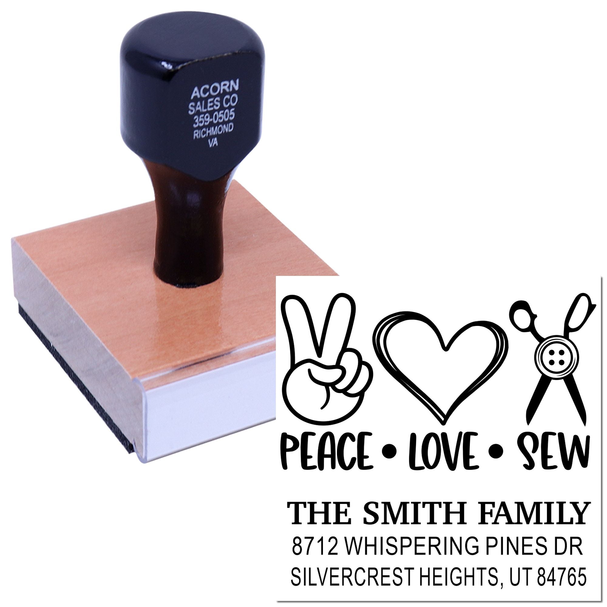 Custom self-inking address stamp with Peace Love Sew design and The Smith Family return address, shown on a white background.