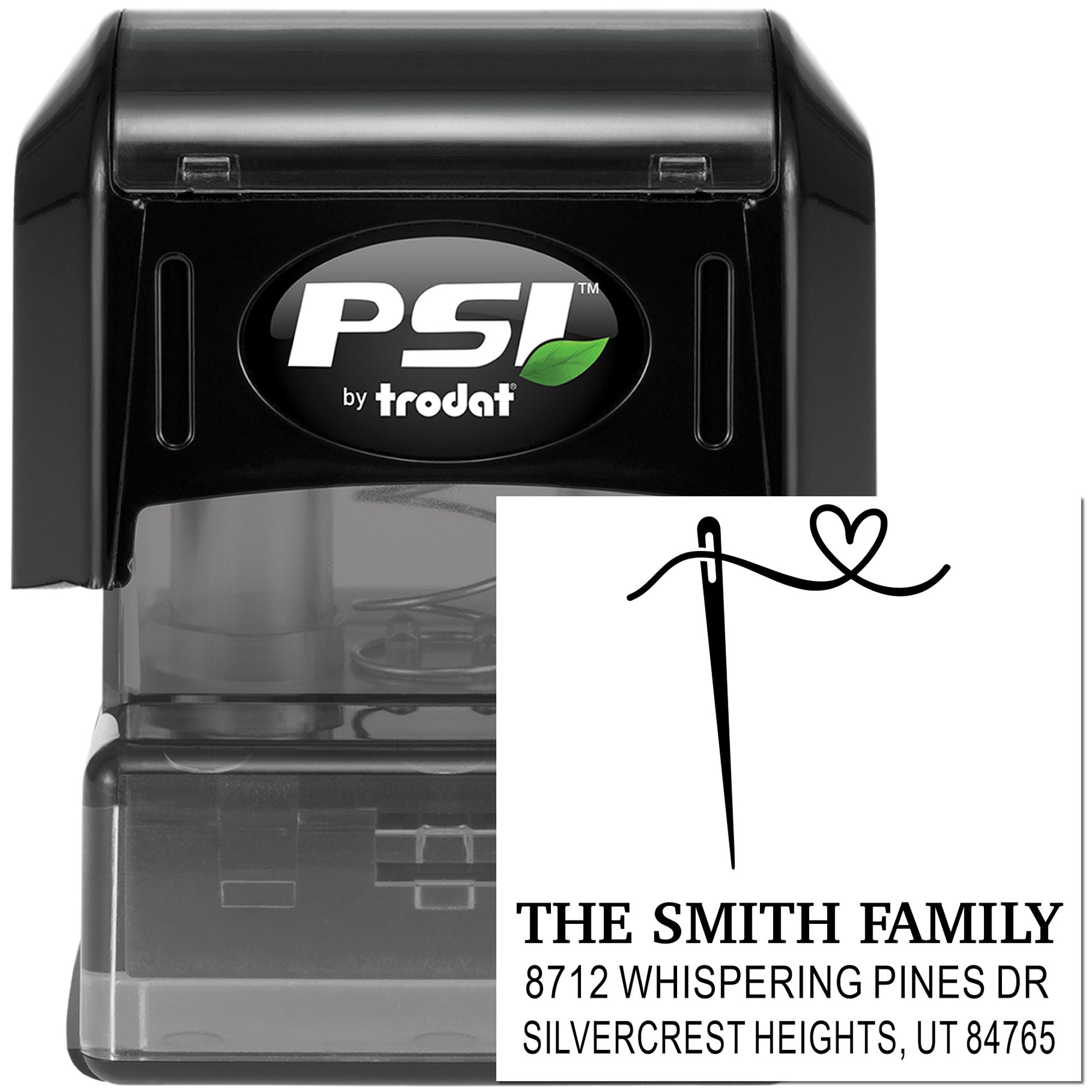 PSI by Trodat self-inking stamps with custom family address design and heart motif, shown on a white background.