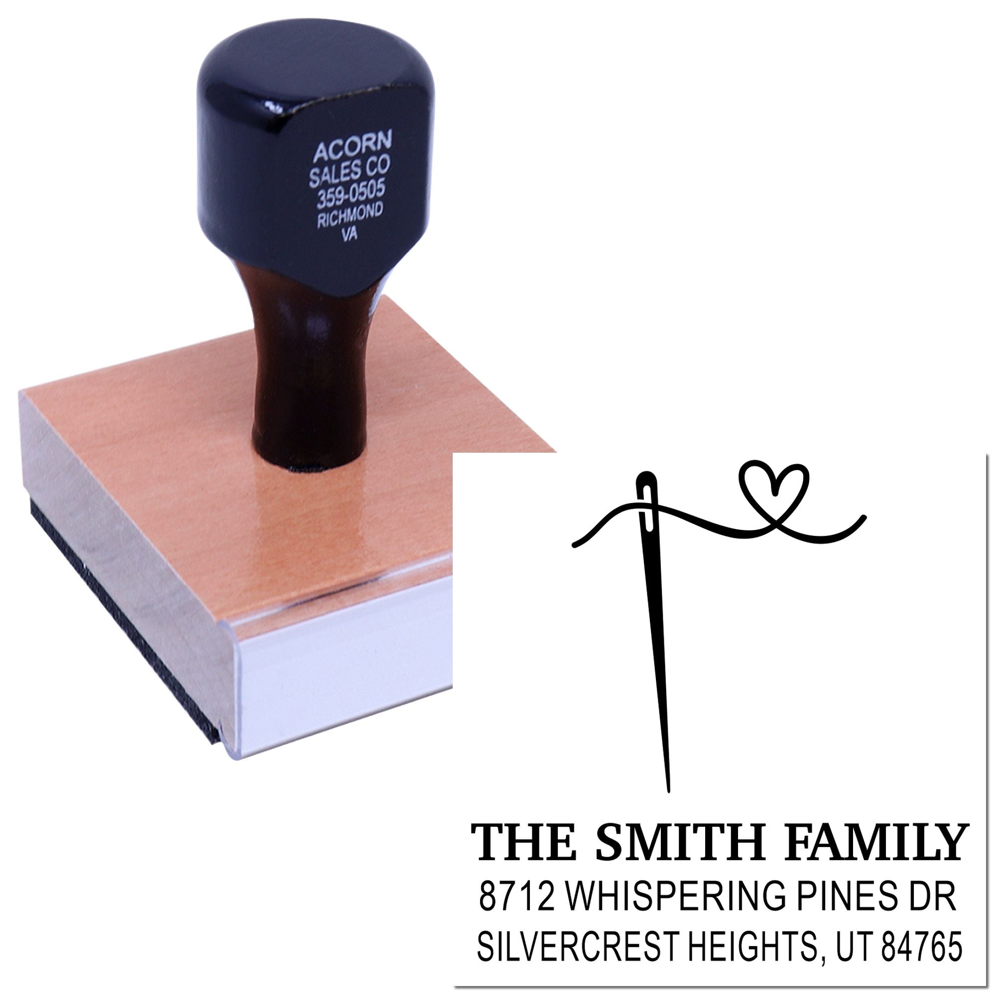 Personalized self-inking address stamp with heart design, featuring The Smith Family name and Silvercrest Heights, UT return address on white background.