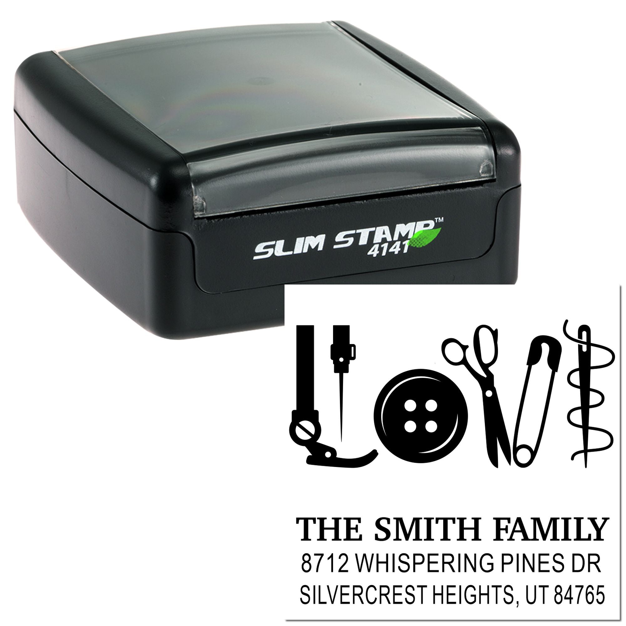 Slim Stamp 4141 custom self-inking address stamp featuring LOVE made from sewing tools, with The Smith Family name and Silvercrest Heights, UT address.