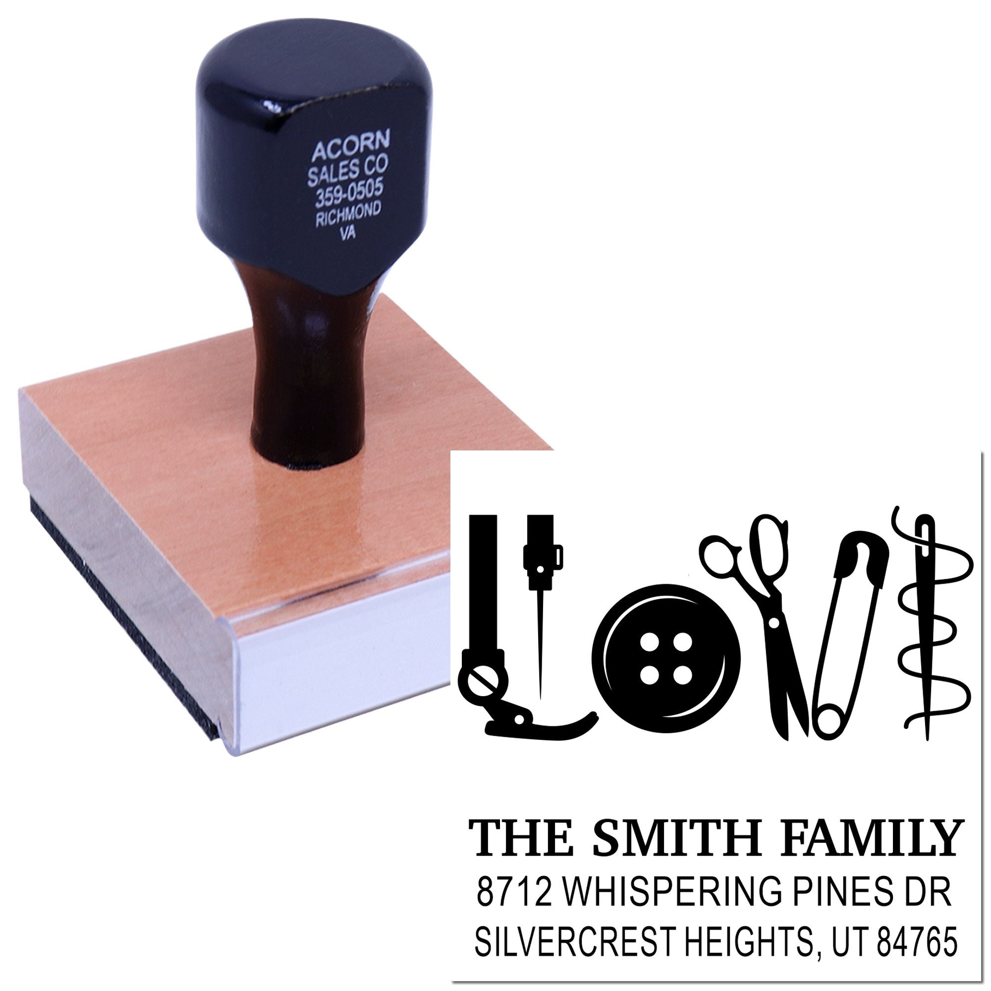 Custom address stamp on wooden base beside printed impression for The Smith Family, featuring sewing-themed icons and Utah address.