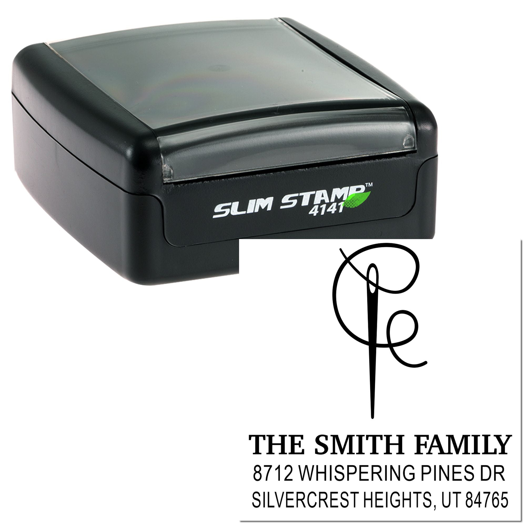 Black Slim Stamp 4141 self-inking address stamp with custom family name and return address impression on a white background.