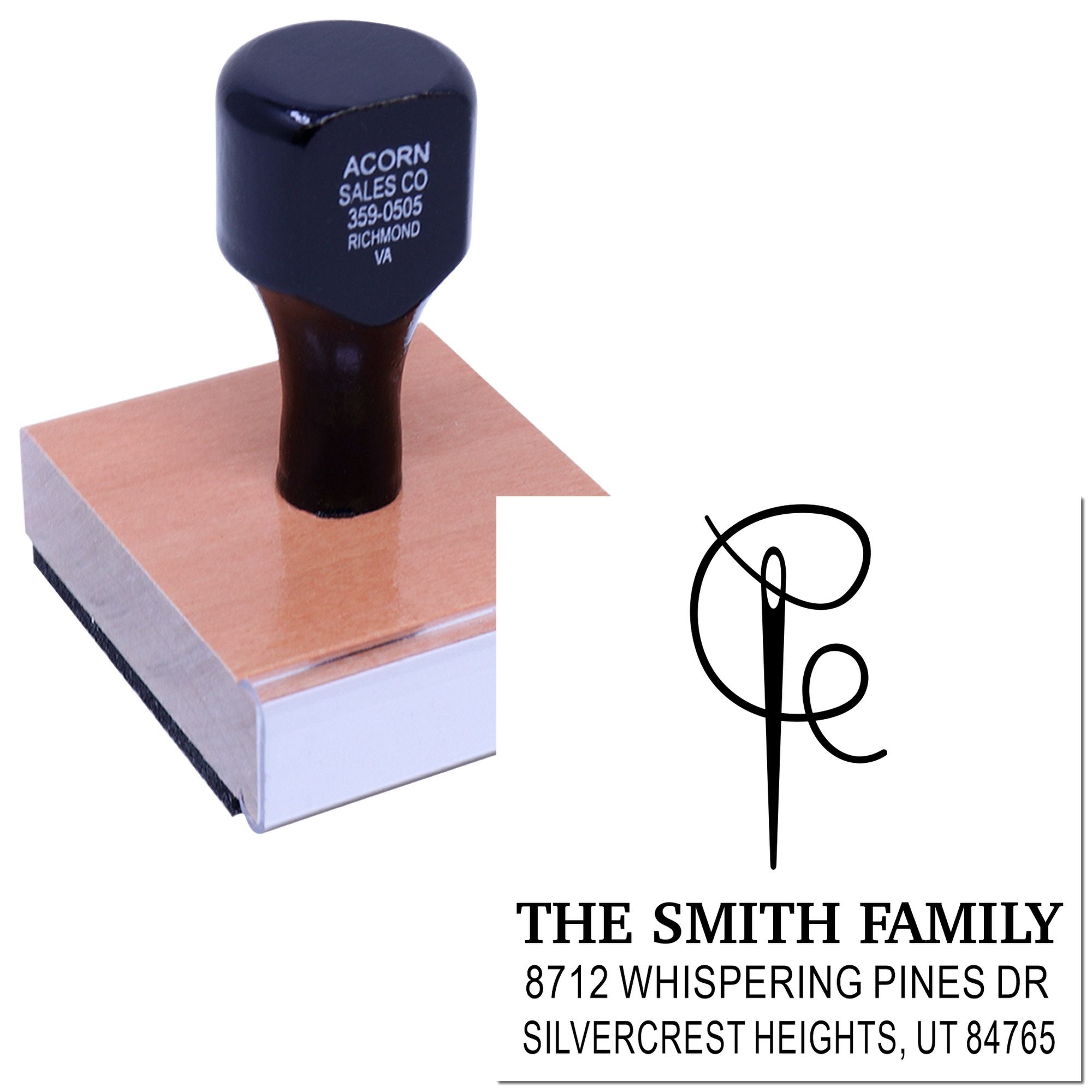 Custom self-inking address stamp with monogram and family name, shown pressed on paper with a crisp black return-address imprint on a white background.